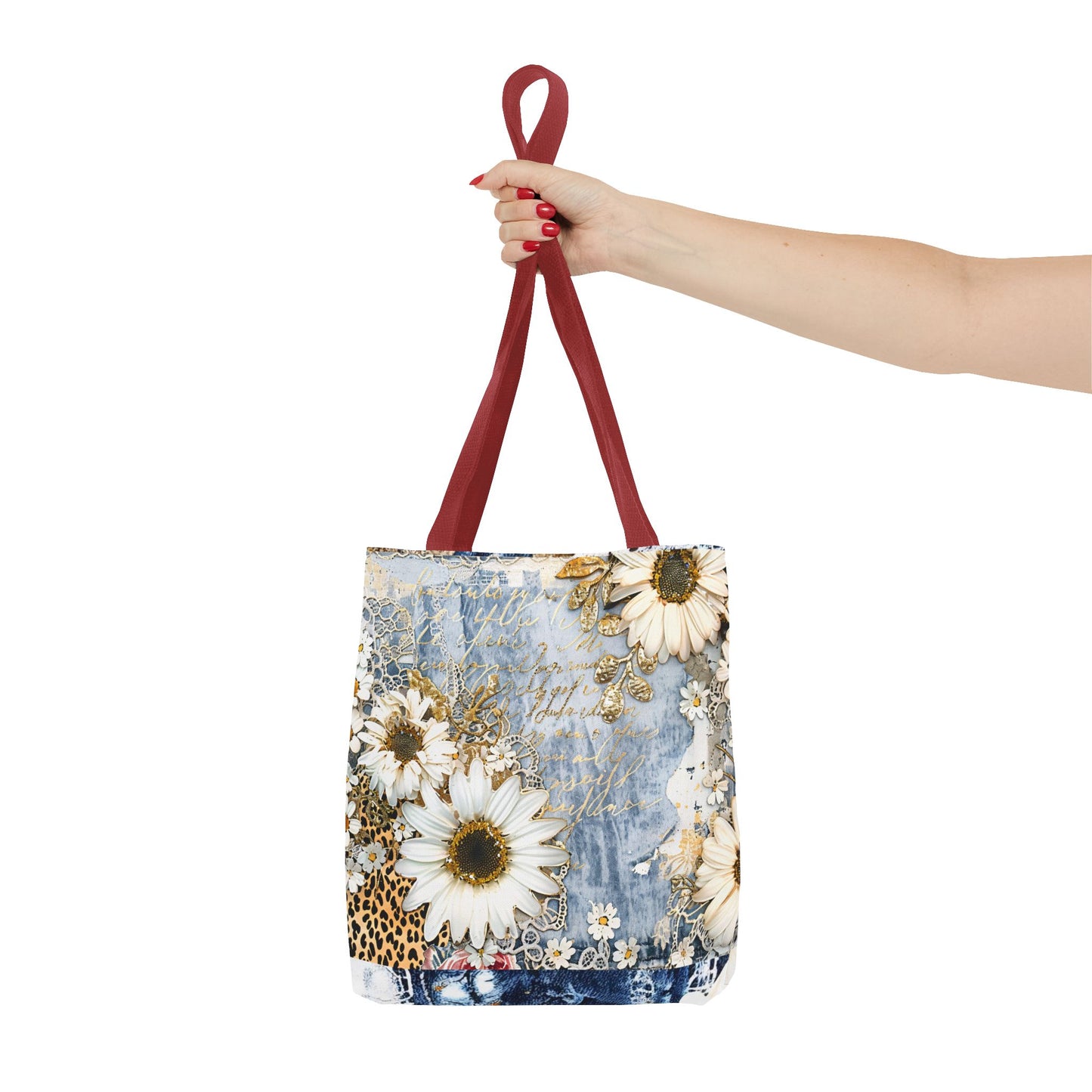 Chic Floral (Daisies and Sunflowers) Tote Bag with Leopard, Denim, and Lace Print - Stylish Everyday Accessory
