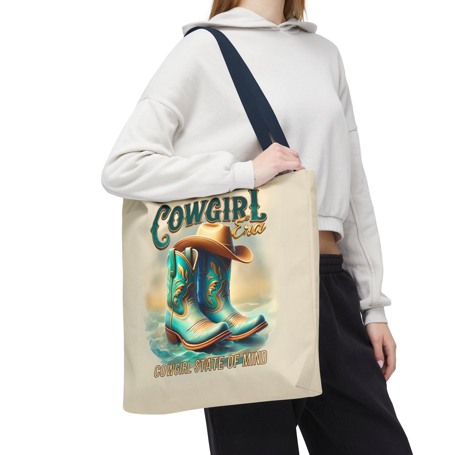 Cowgirl State of Mind Tote Bag – Turquoise and brown cowgirl boots - Cowgirl Era Perfect for Western Lovers and Everyday Use