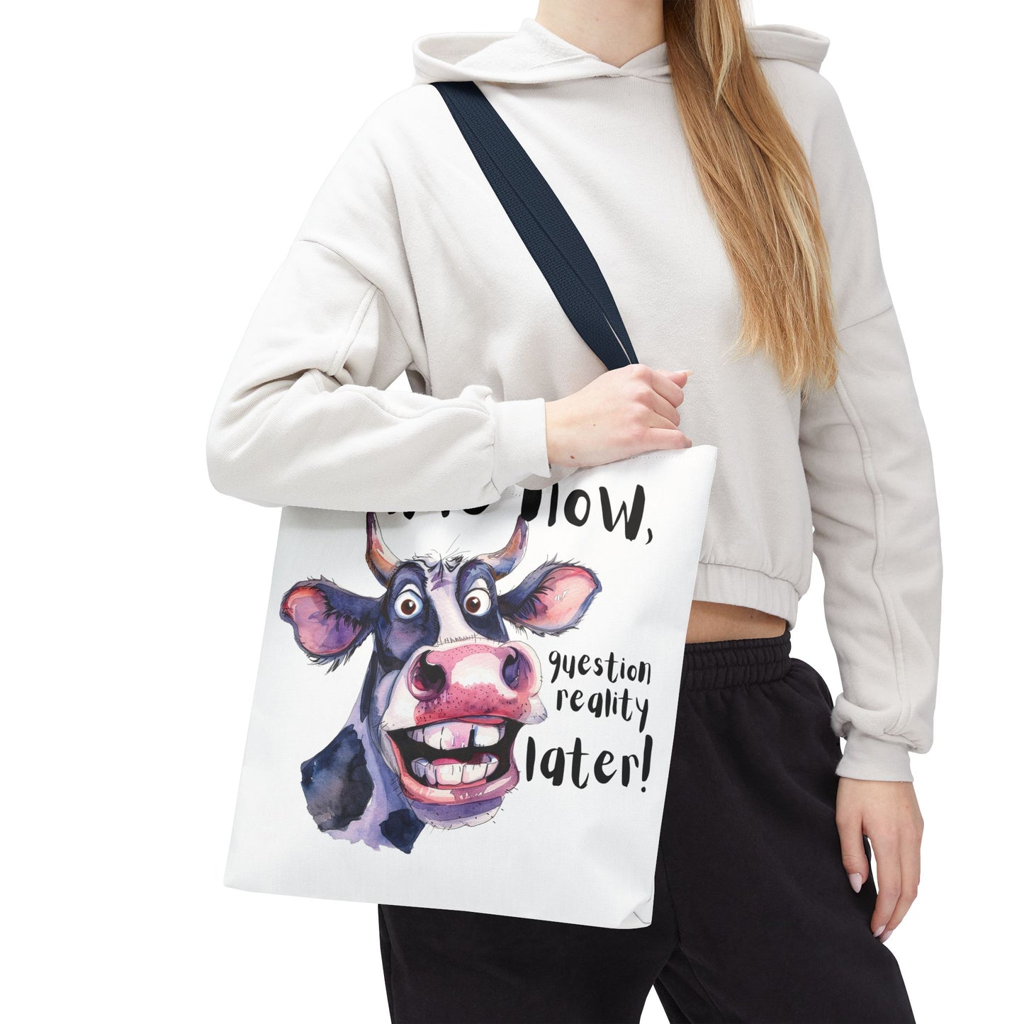 Funny Cow Tote Bag - 'Smile Now, Question Reality Later!' - Great Gift Idea, Mother's Day Gift