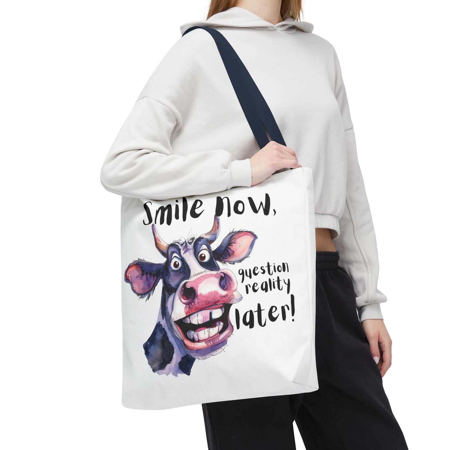 Funny Cow Tote Bag - 'Smile Now, Question Reality Later!' - Great Gift Idea, Mother's Day Gift