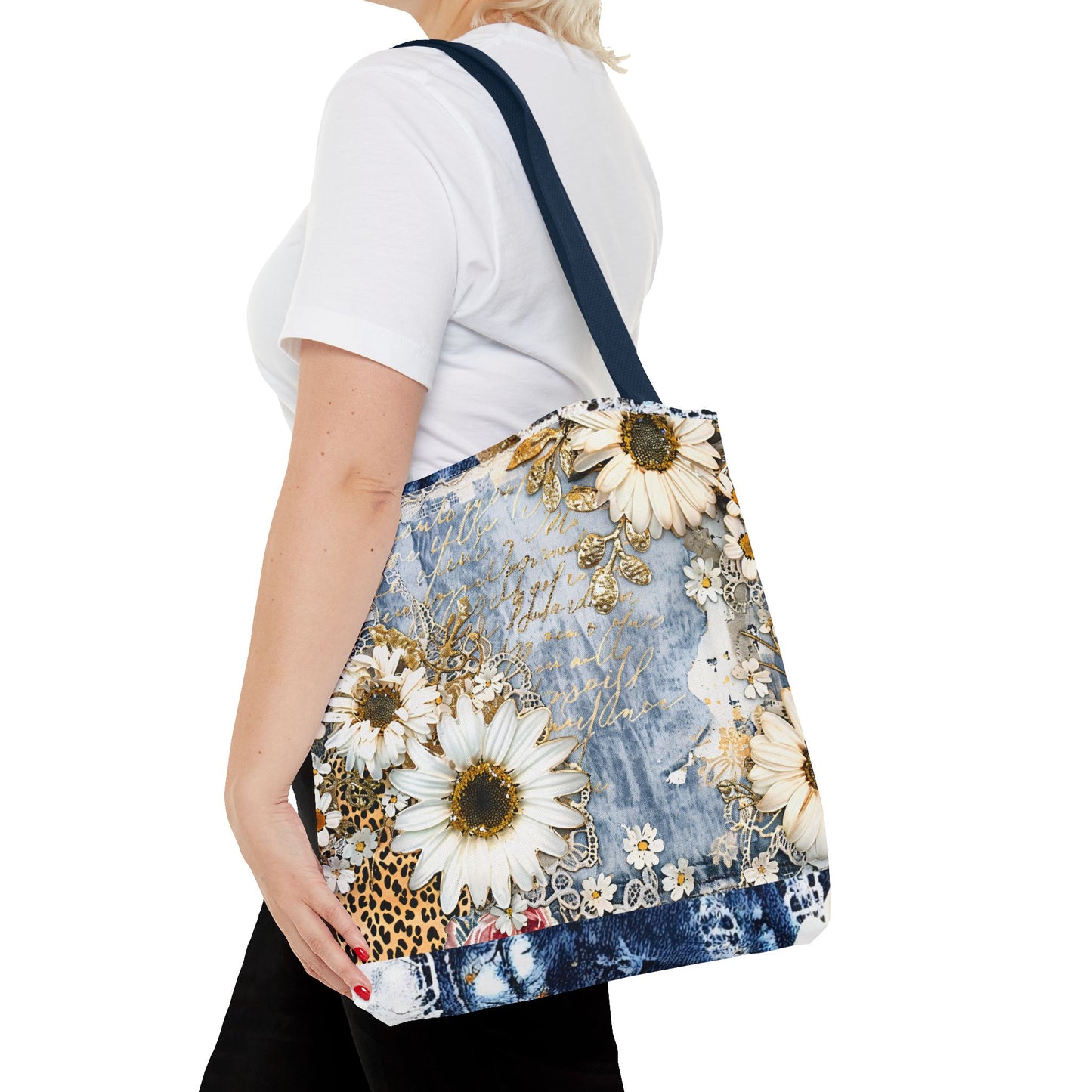 Chic Floral (Daisies and Sunflowers) Tote Bag with Leopard, Denim, and Lace Print - Stylish Everyday Accessory