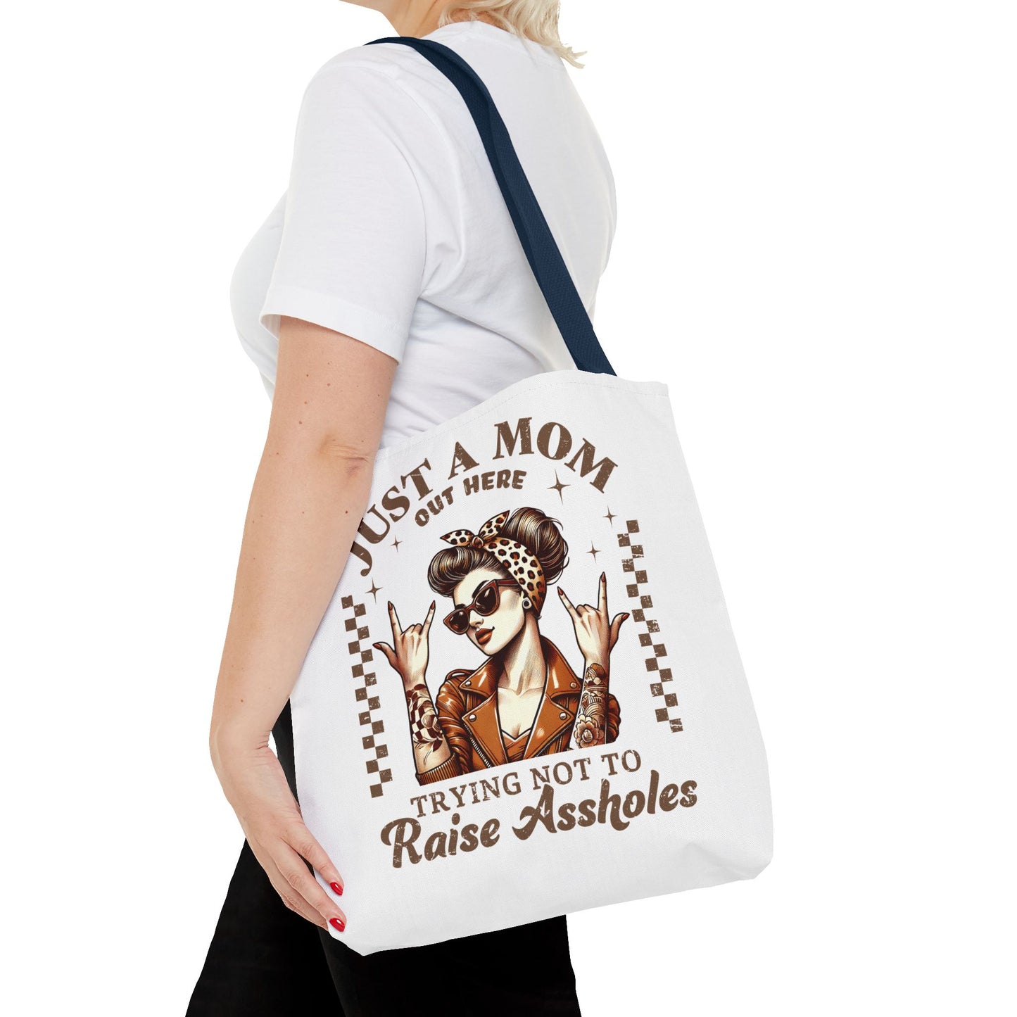 Funny Mom Tote Bag - Just a Mom Trying Not to Raise Assholes - Mother's Day Gift