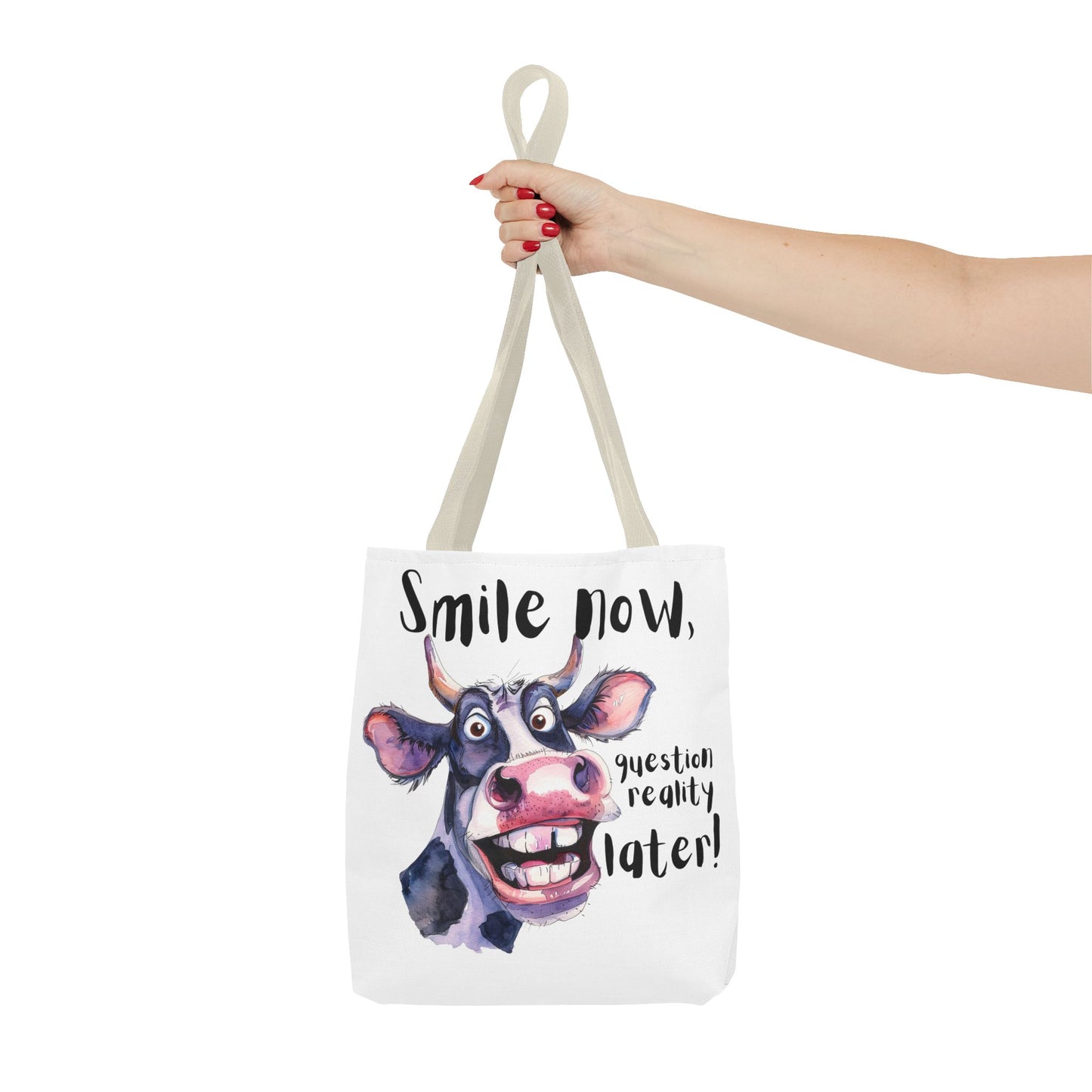 Funny Cow Tote Bag - 'Smile Now, Question Reality Later!' - Great Gift Idea, Mother's Day Gift