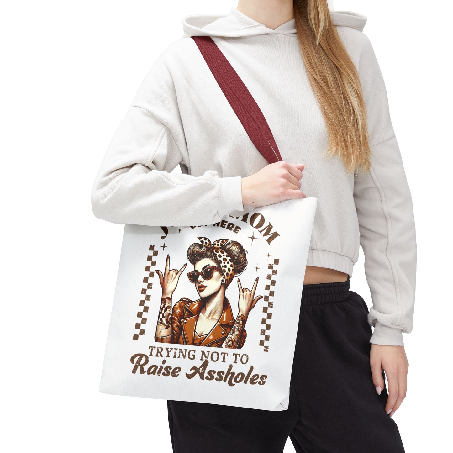 Funny Mom Tote Bag - Just a Mom Trying Not to Raise Assholes - Mother's Day Gift