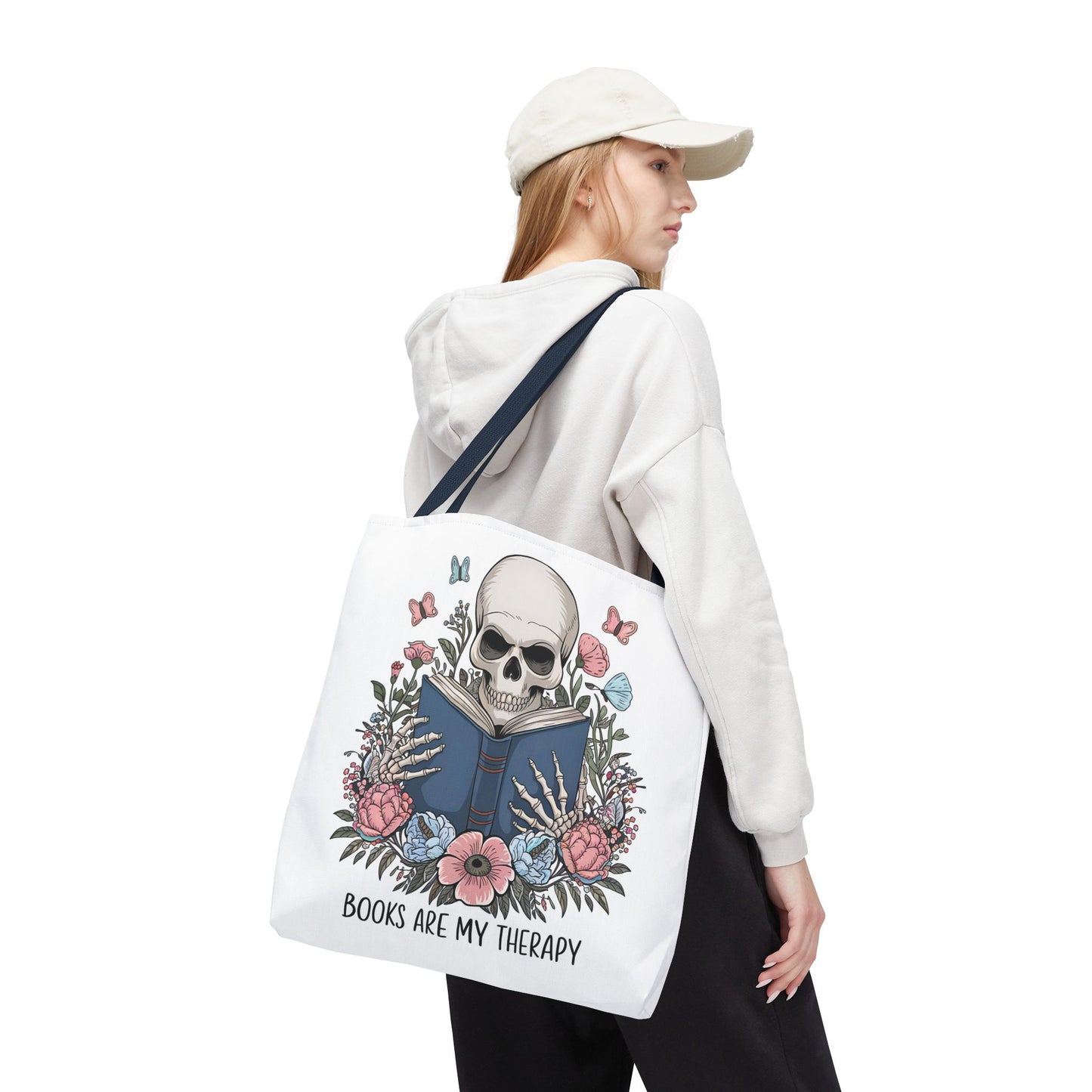 Books Are My Therapy- Skeleton Floral Tote Bag - Perfect Gift for Book Lovers