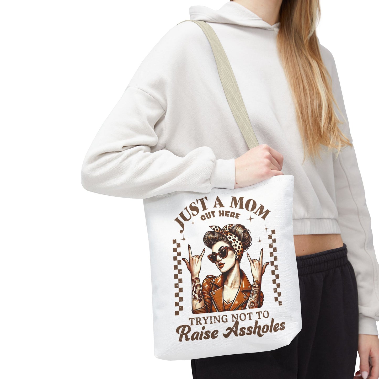 Funny Mom Tote Bag - Just a Mom Trying Not to Raise Assholes - Mother's Day Gift