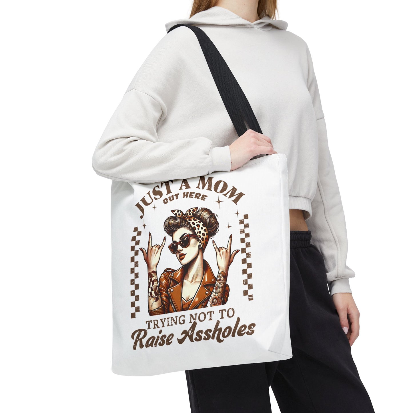 Funny Mom Tote Bag - Just a Mom Trying Not to Raise Assholes - Mother's Day Gift