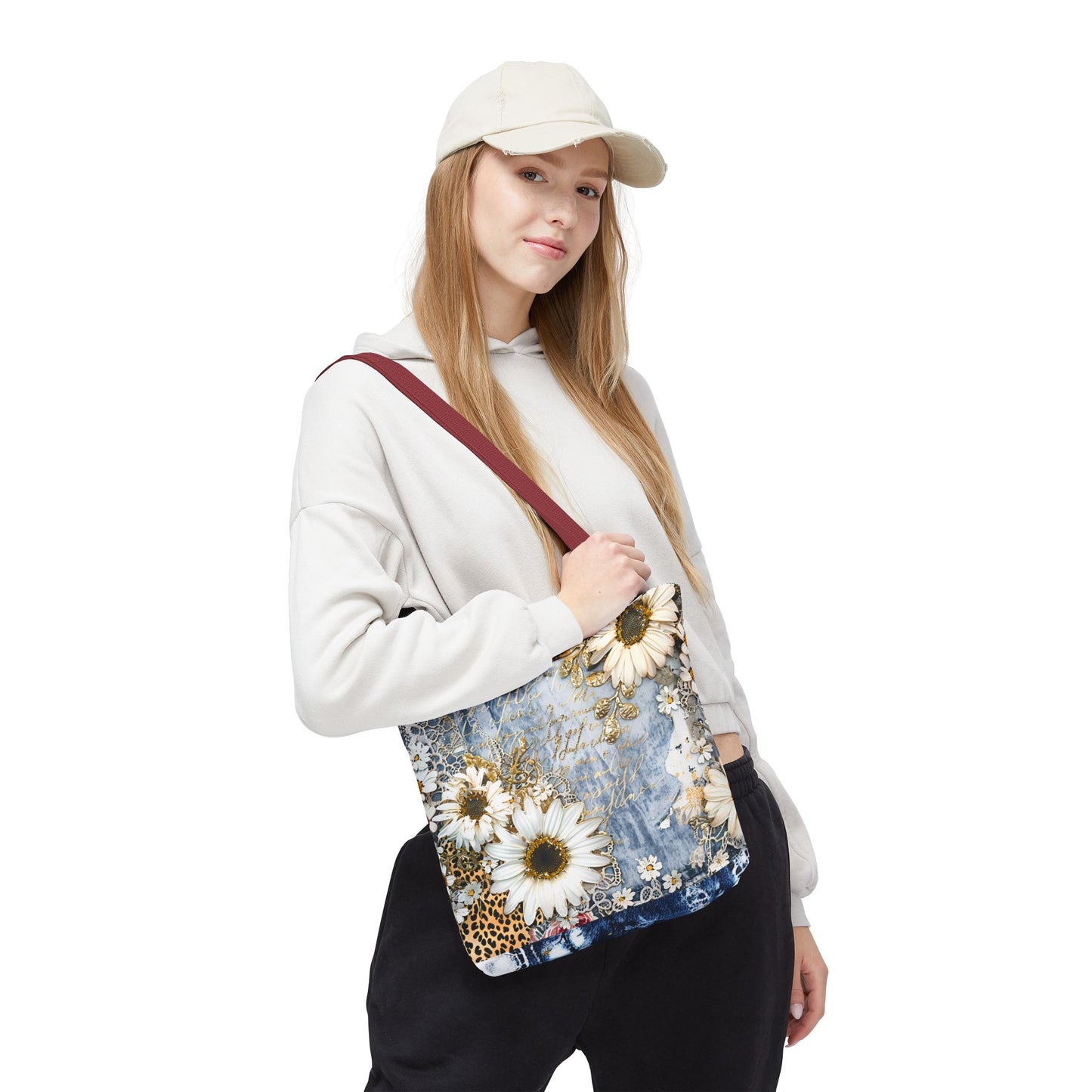Chic Floral (Daisies and Sunflowers) Tote Bag with Leopard, Denim, and Lace Print - Stylish Everyday Accessory