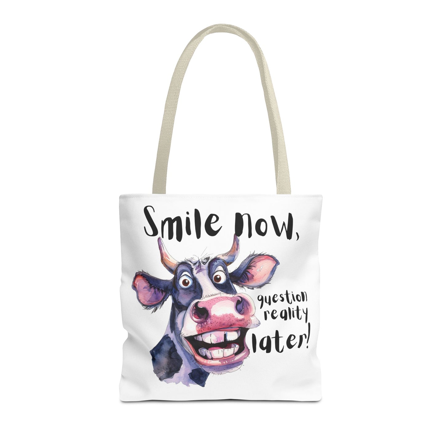 Funny Cow Tote Bag - 'Smile Now, Question Reality Later!' - Great Gift Idea, Mother's Day Gift