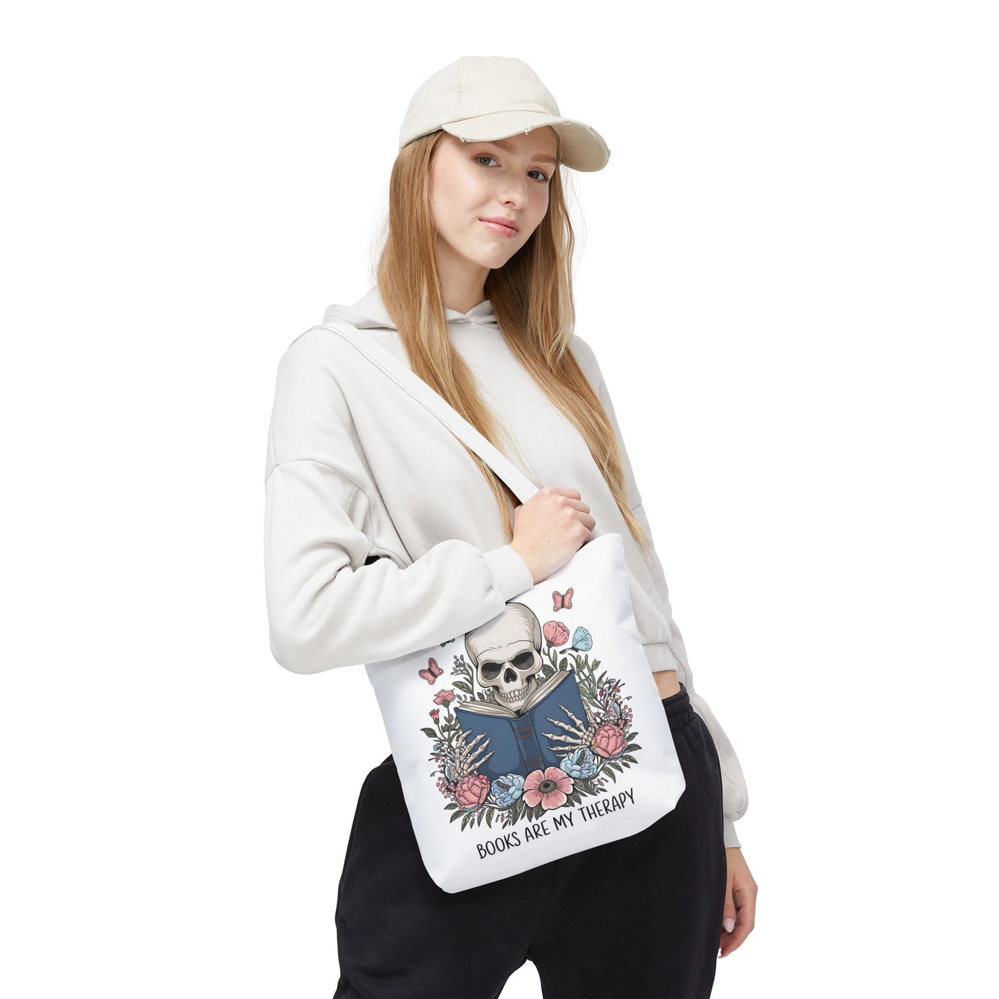 Books Are My Therapy- Skeleton Floral Tote Bag - Perfect Gift for Book Lovers