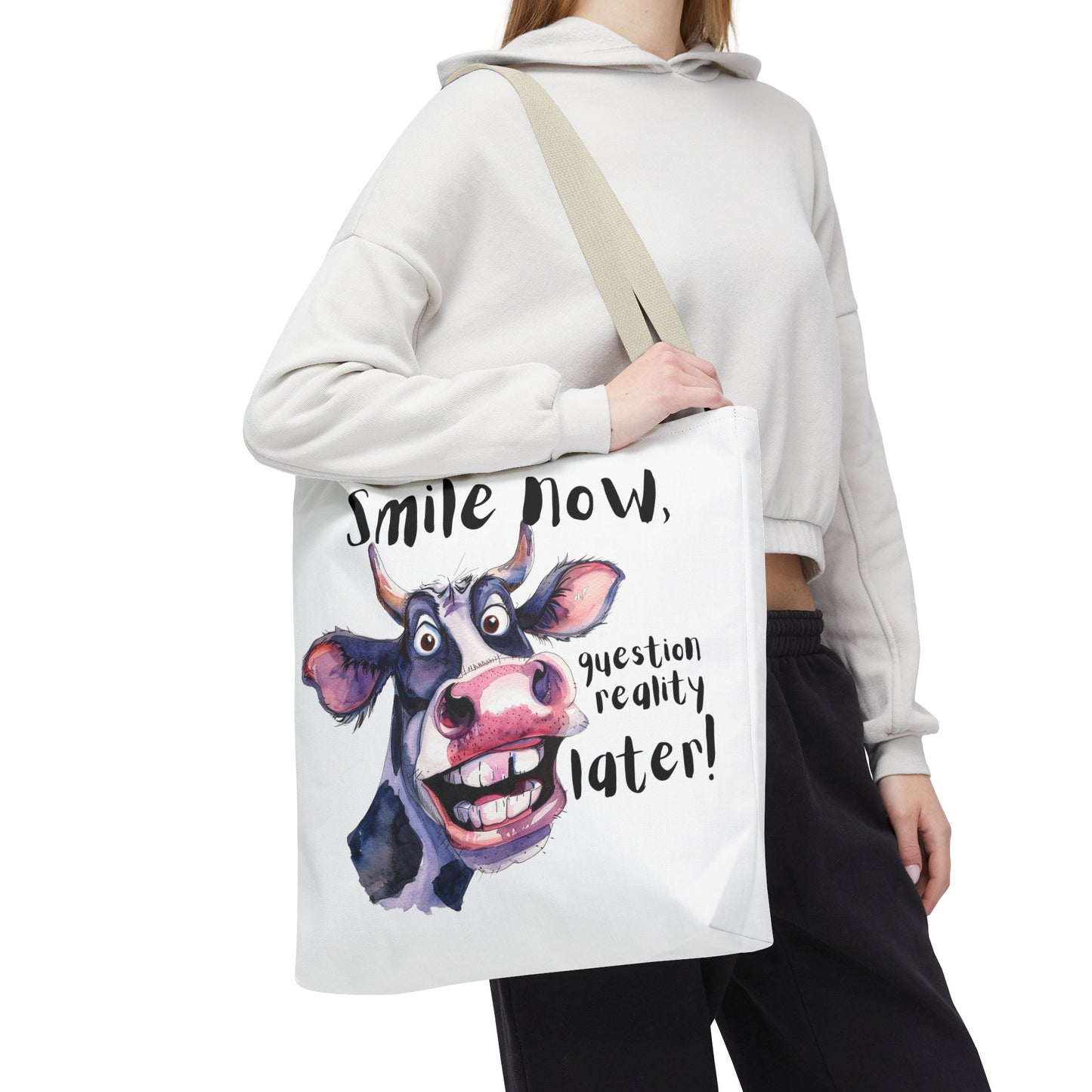 Funny Cow Tote Bag - 'Smile Now, Question Reality Later!' - Great Gift Idea, Mother's Day Gift