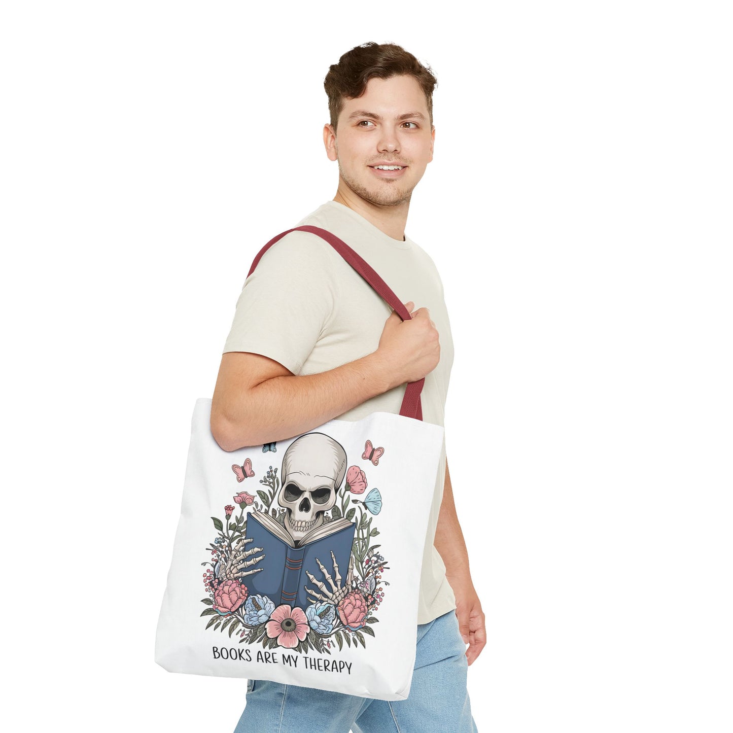 Books Are My Therapy- Skeleton Floral Tote Bag - Perfect Gift for Book Lovers