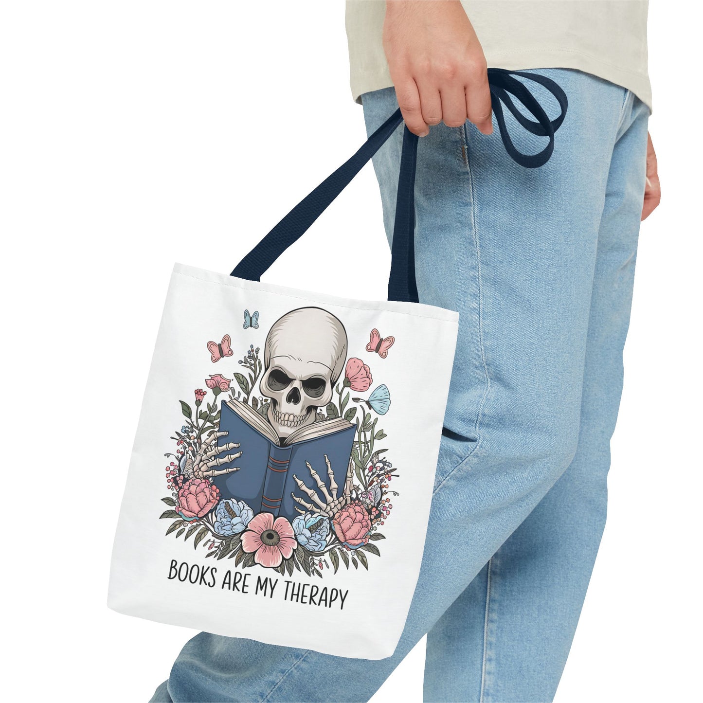 Books Are My Therapy- Skeleton Floral Tote Bag - Perfect Gift for Book Lovers