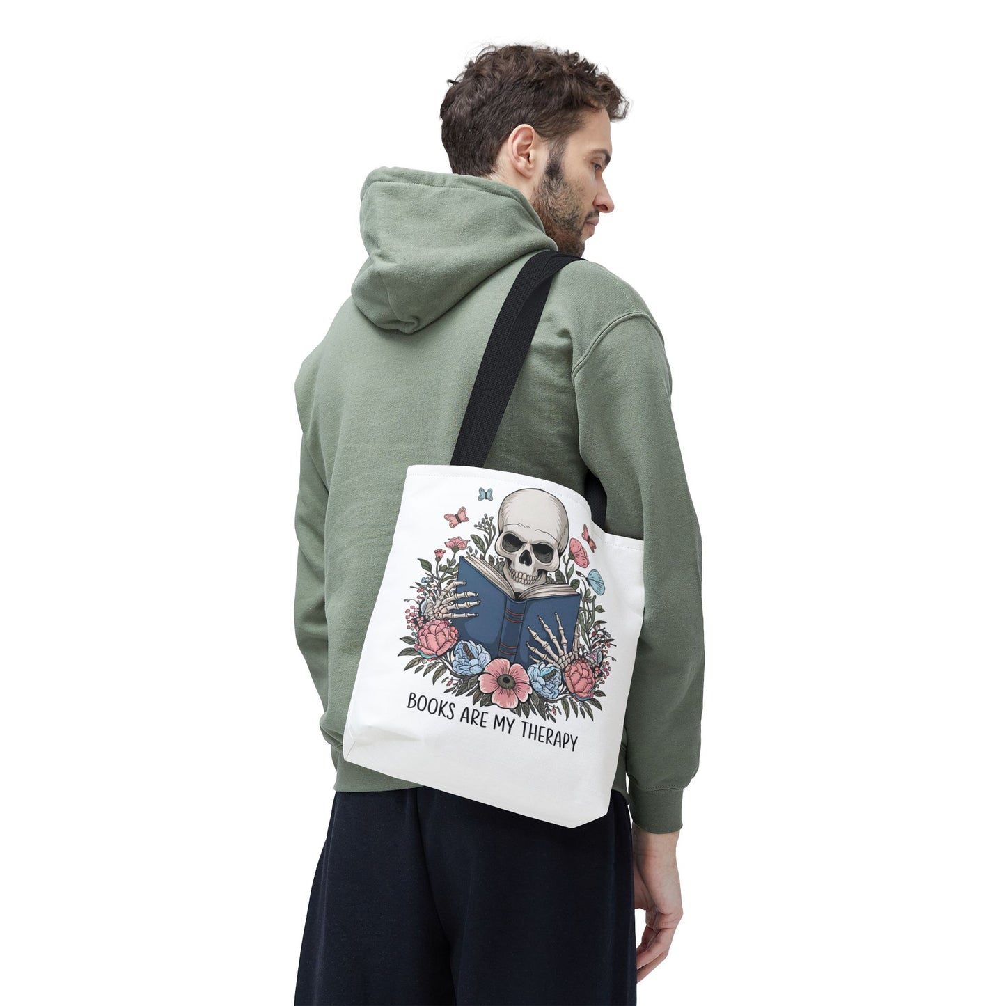 Books Are My Therapy- Skeleton Floral Tote Bag - Perfect Gift for Book Lovers