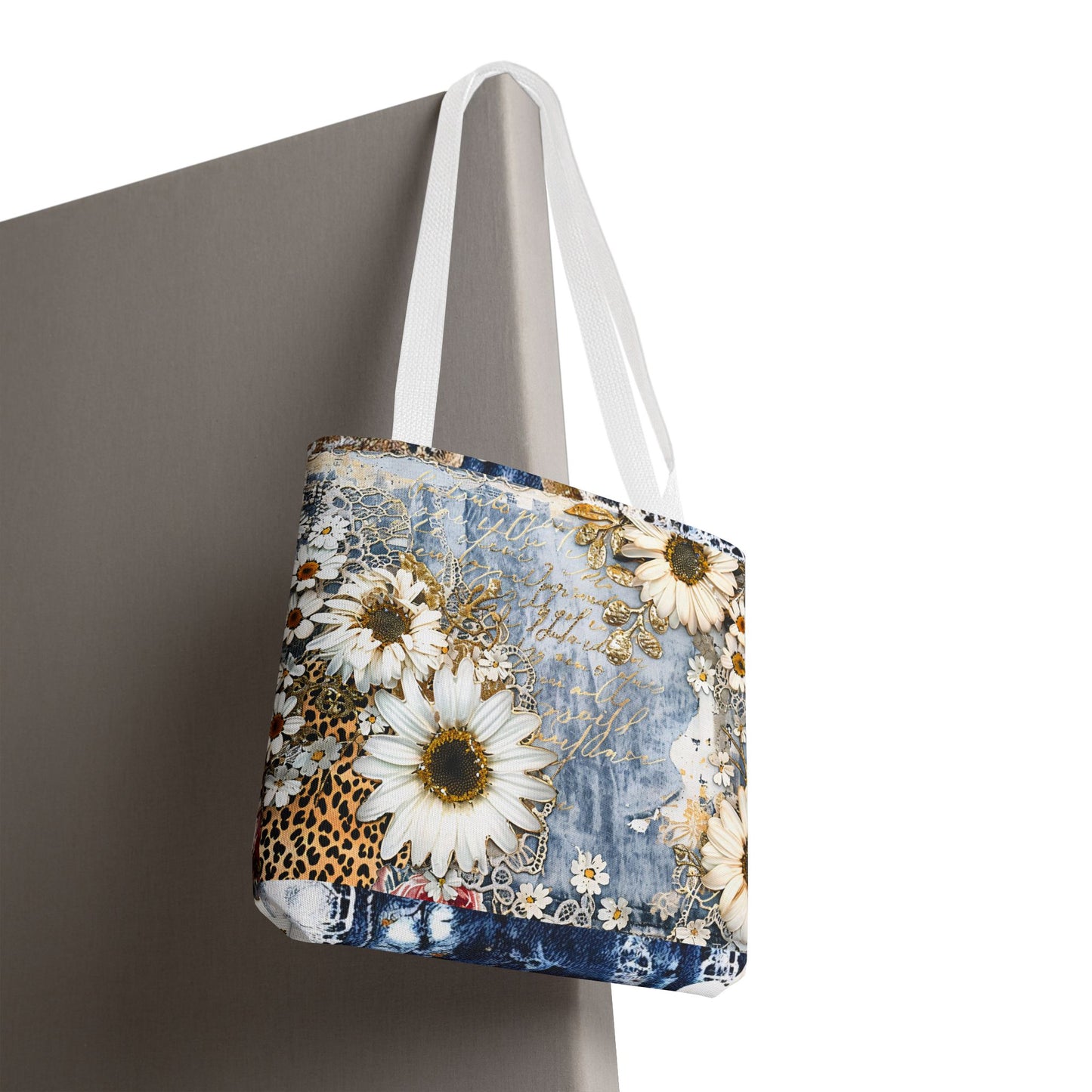 Chic Floral (Daisies and Sunflowers) Tote Bag with Leopard, Denim, and Lace Print - Stylish Everyday Accessory