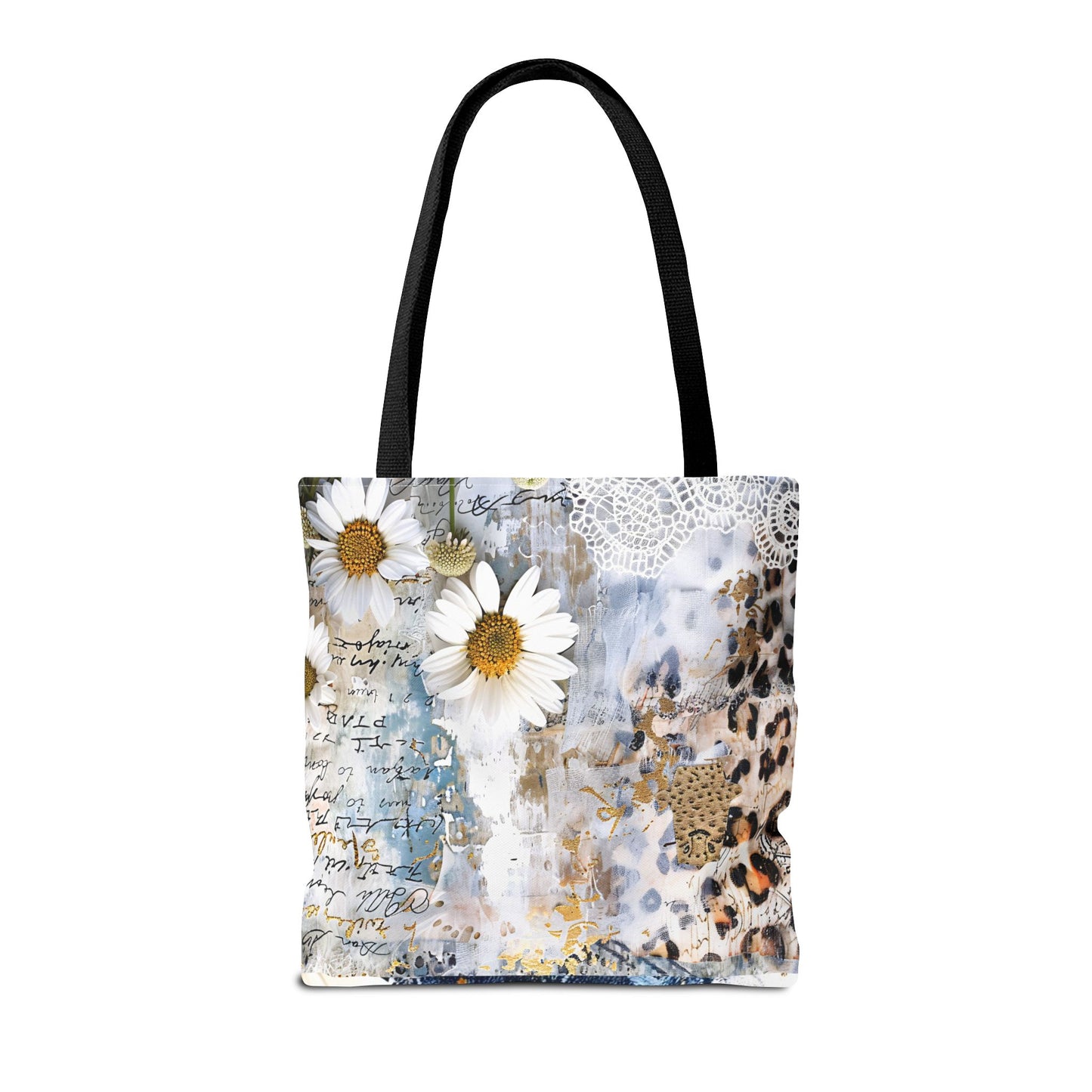 Chic Floral (Daisies and Sunflowers) Tote Bag with Leopard, Denim, and Lace Print - Stylish Everyday Accessory