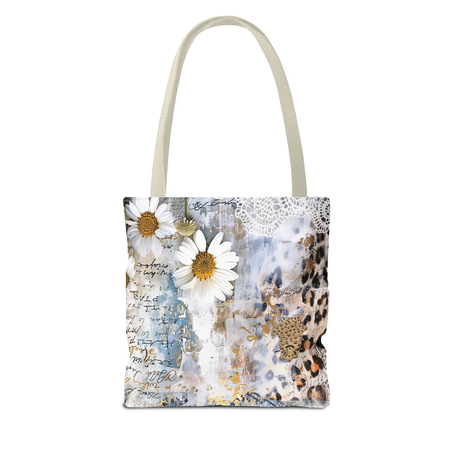 Chic Floral (Daisies and Sunflowers) Tote Bag with Leopard, Denim, and Lace Print - Stylish Everyday Accessory