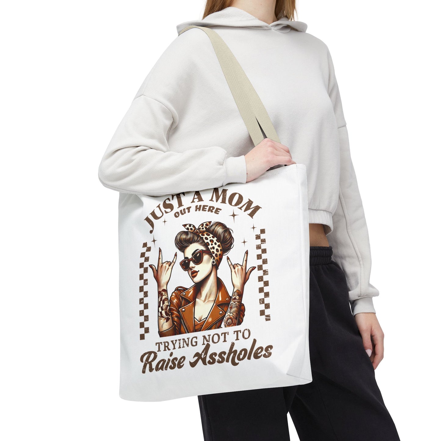 Funny Mom Tote Bag - Just a Mom Trying Not to Raise Assholes - Mother's Day Gift