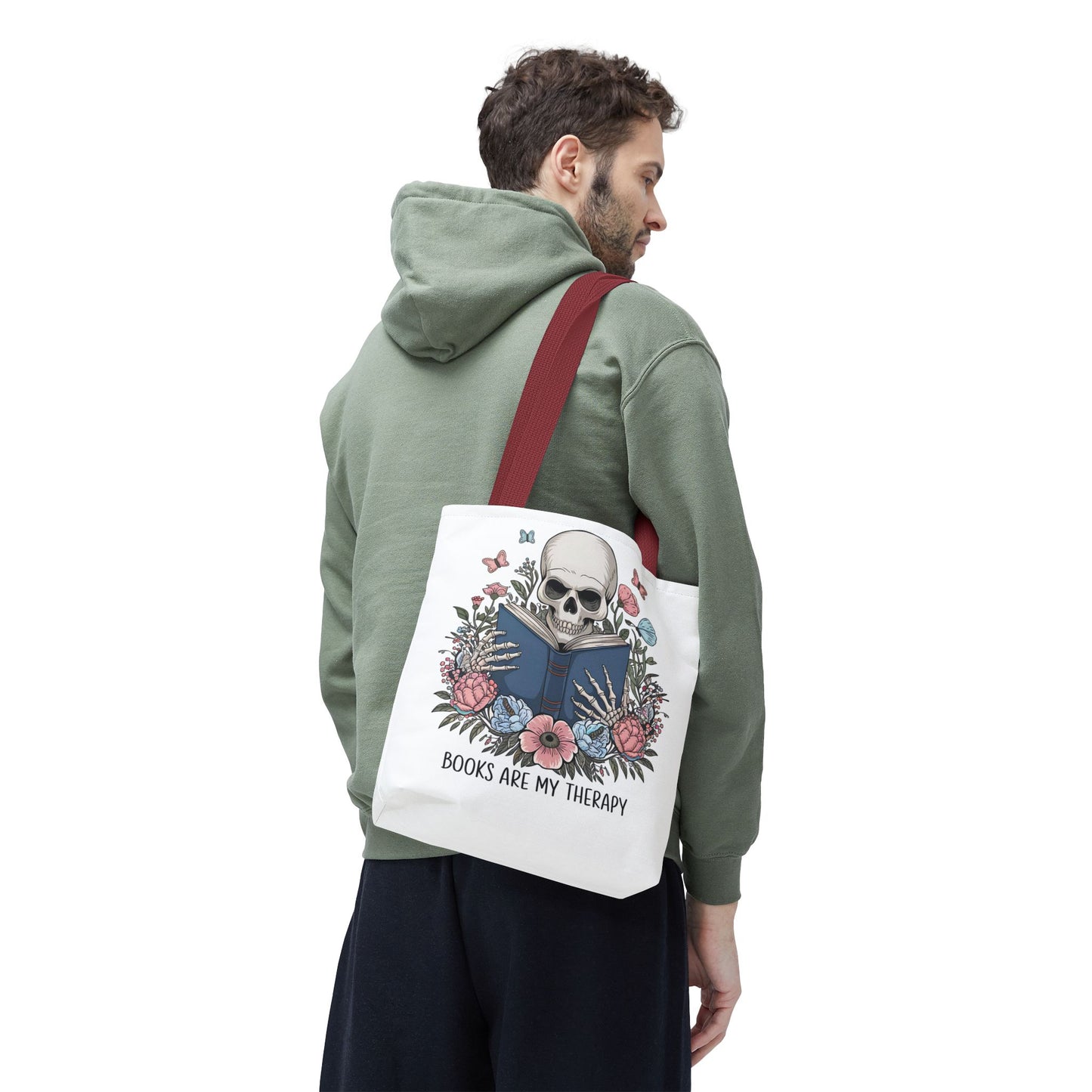 Books Are My Therapy- Skeleton Floral Tote Bag - Perfect Gift for Book Lovers