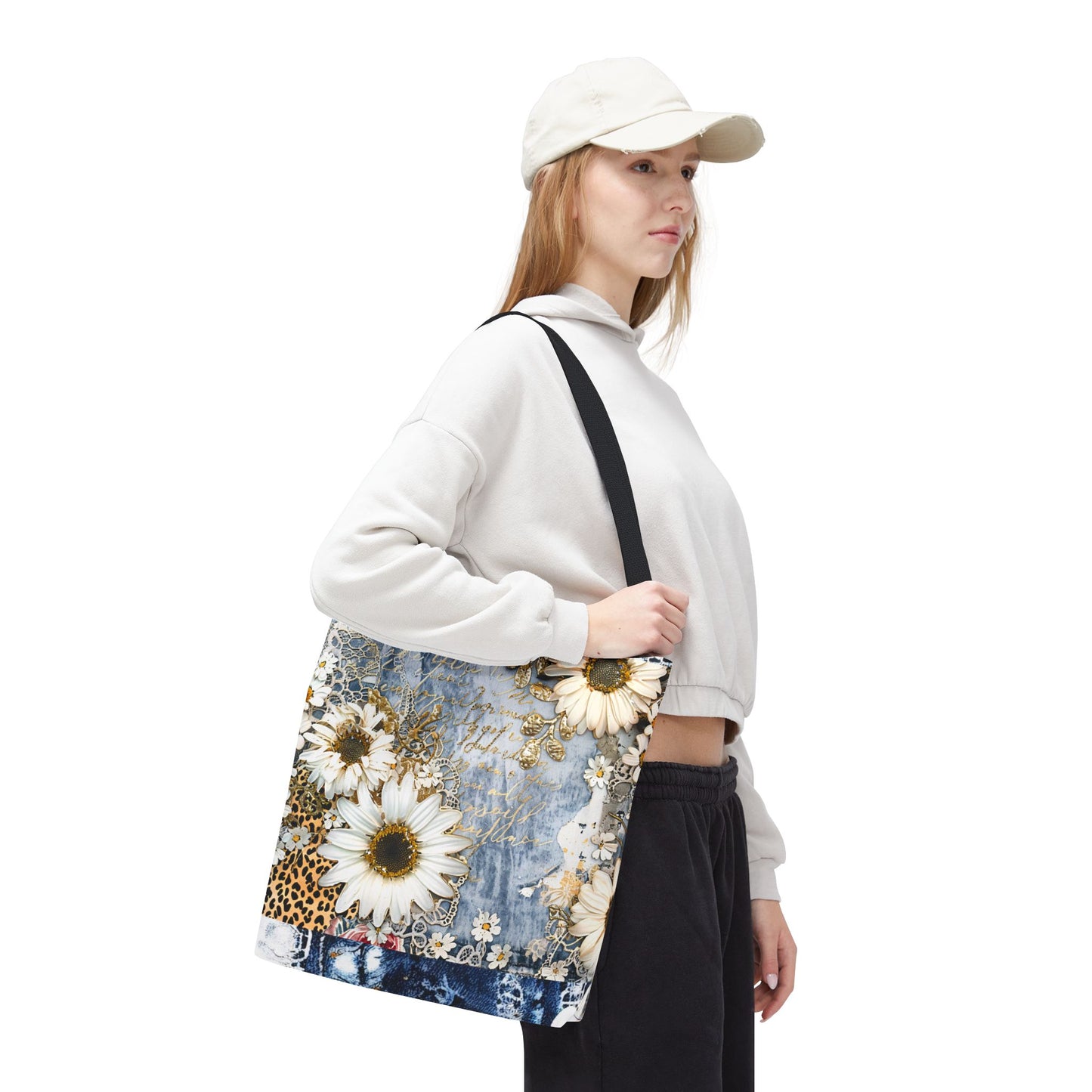 Chic Floral (Daisies and Sunflowers) Tote Bag with Leopard, Denim, and Lace Print - Stylish Everyday Accessory