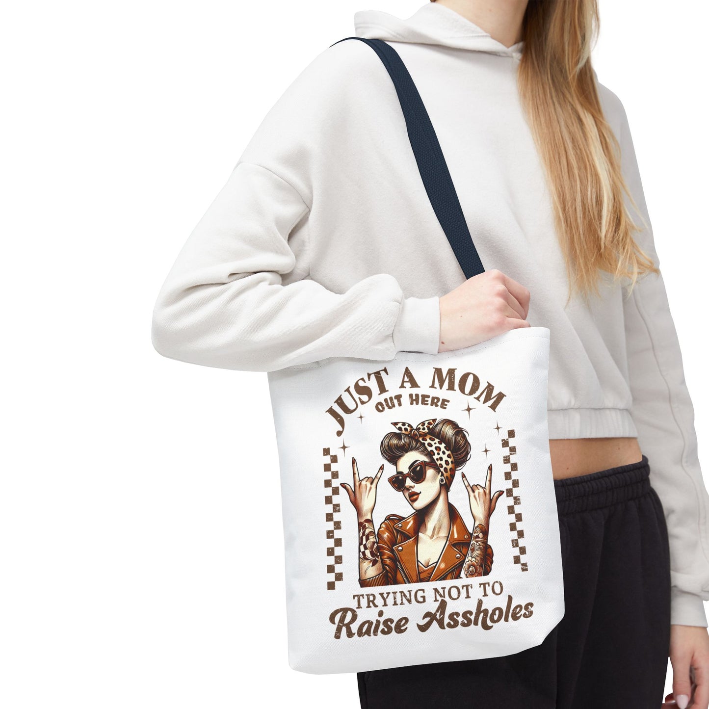 Funny Mom Tote Bag - Just a Mom Trying Not to Raise Assholes - Mother's Day Gift
