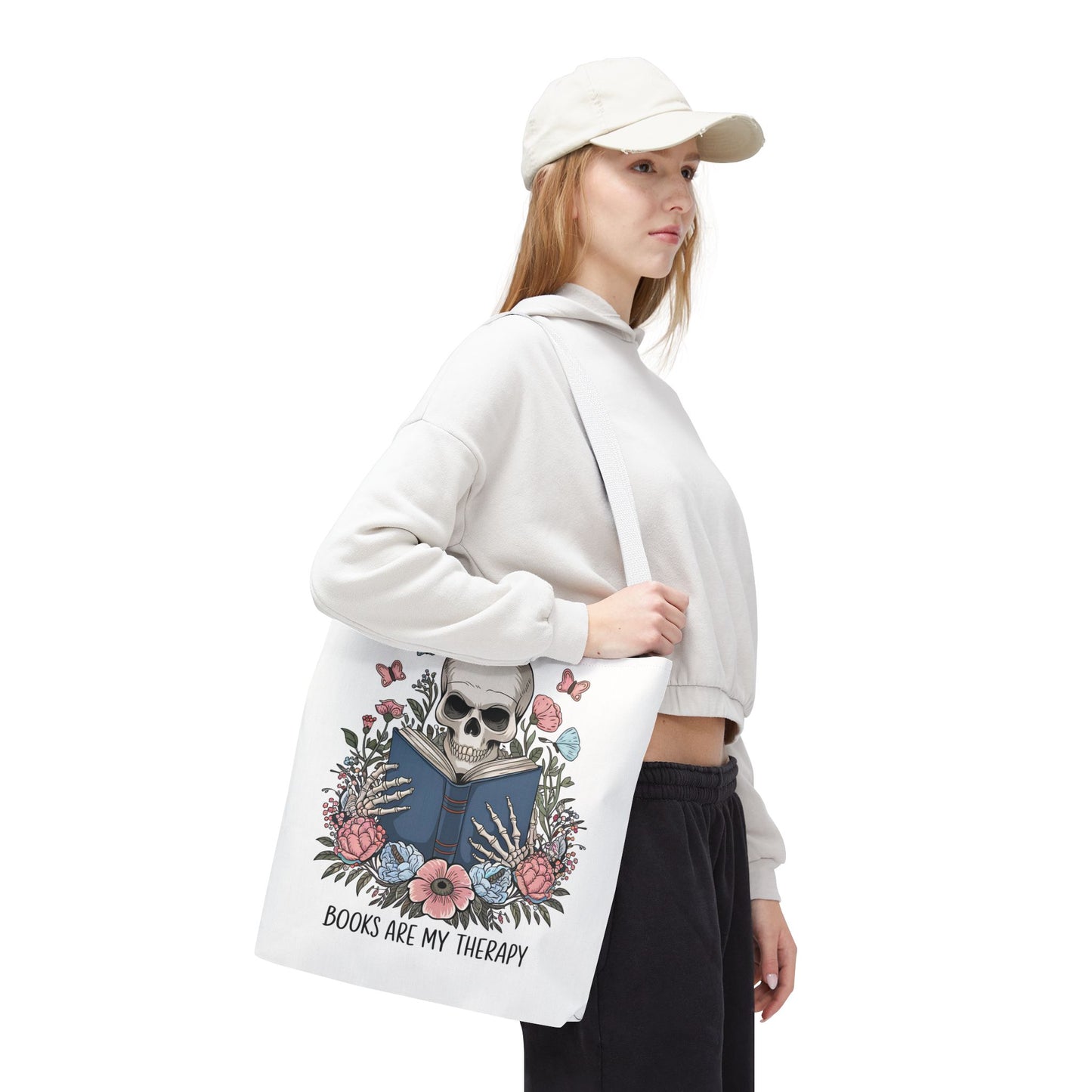 Books Are My Therapy- Skeleton Floral Tote Bag - Perfect Gift for Book Lovers