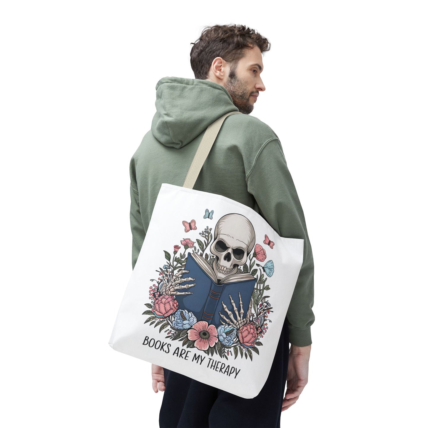 Books Are My Therapy- Skeleton Floral Tote Bag - Perfect Gift for Book Lovers