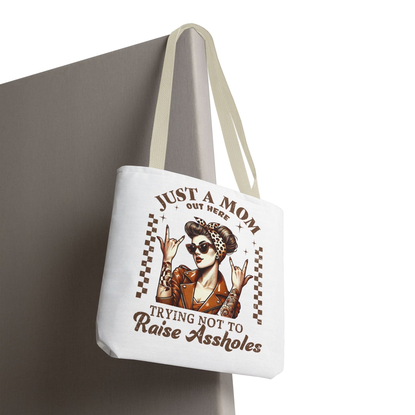 Funny Mom Tote Bag - Just a Mom Trying Not to Raise Assholes - Mother's Day Gift