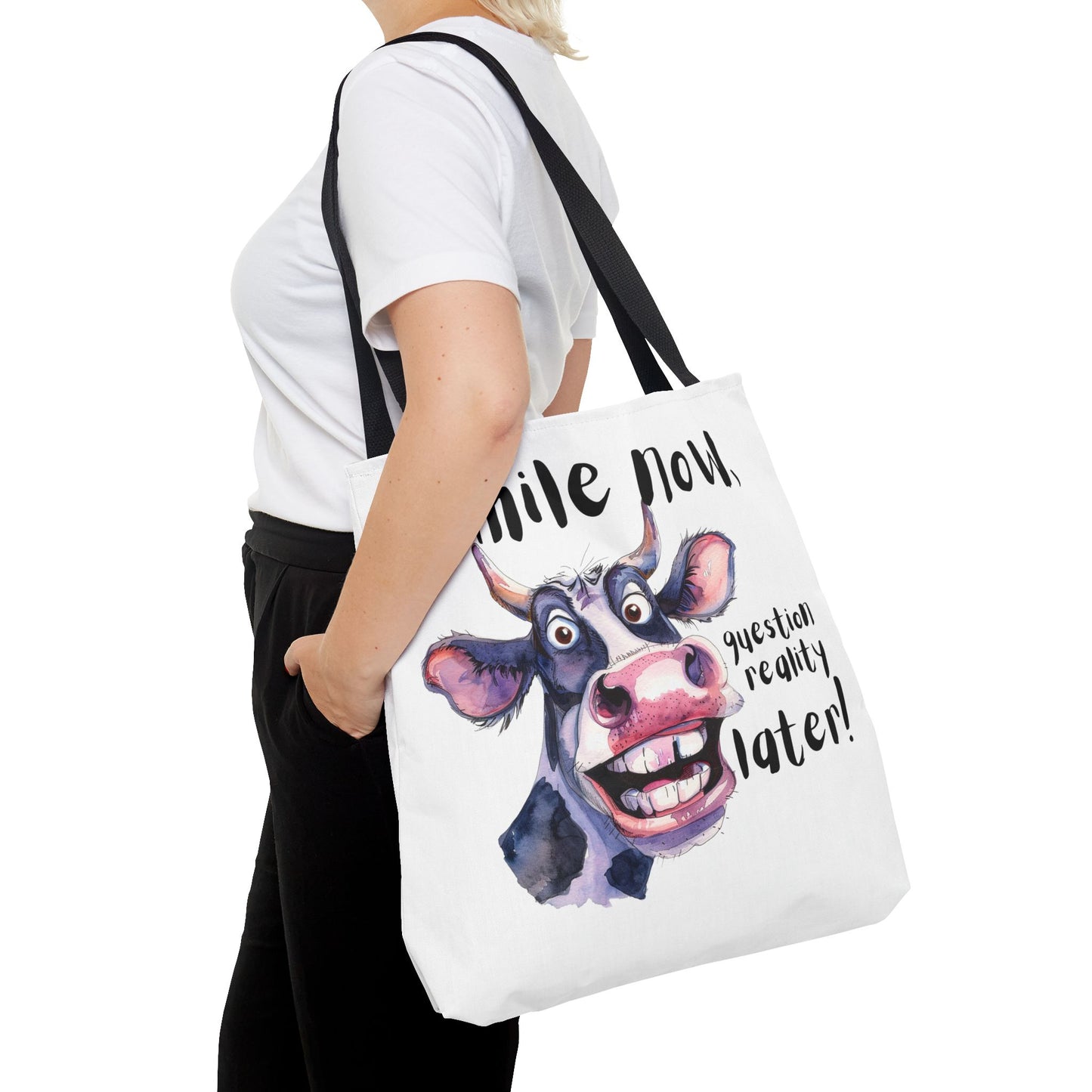 Funny Cow Tote Bag - 'Smile Now, Question Reality Later!' - Great Gift Idea, Mother's Day Gift