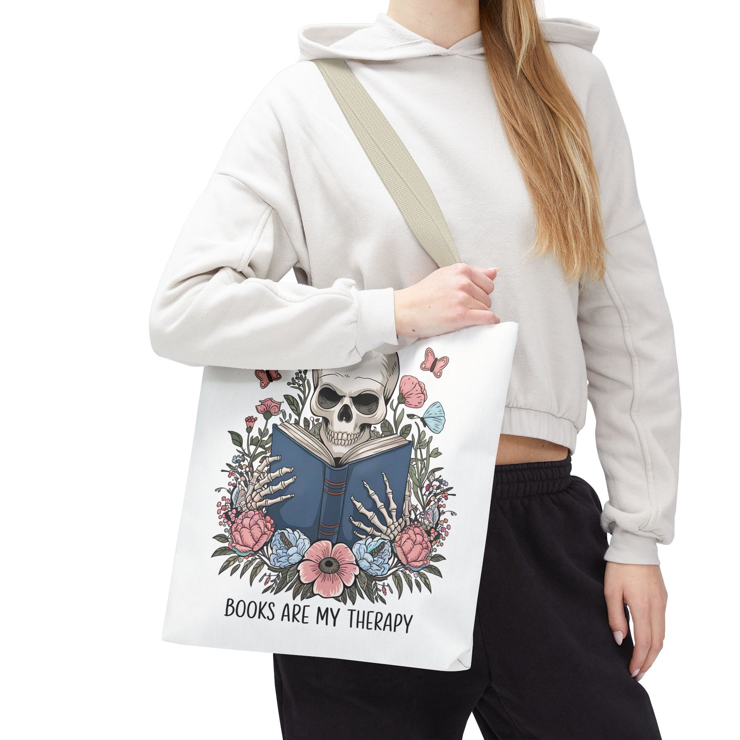 Books Are My Therapy- Skeleton Floral Tote Bag - Perfect Gift for Book Lovers