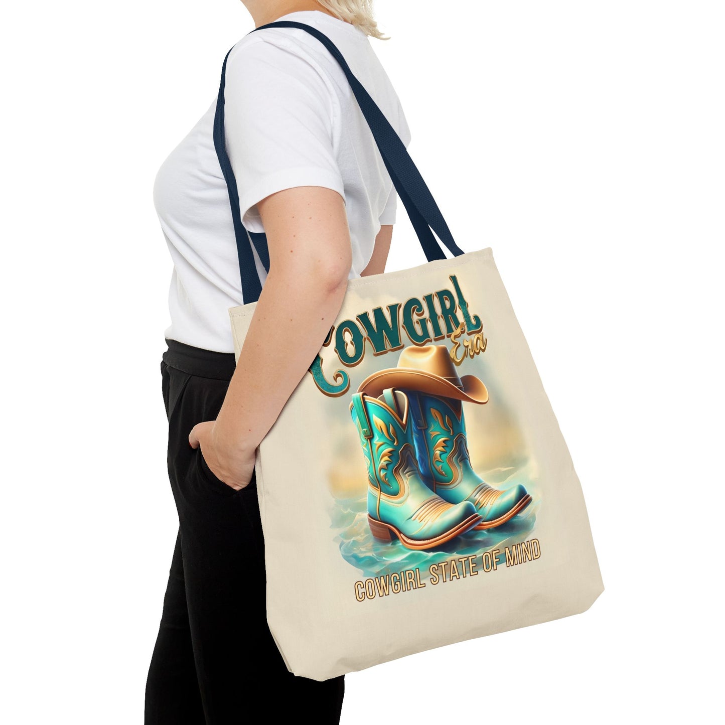 Cowgirl State of Mind Tote Bag – Turquoise and brown cowgirl boots - Cowgirl Era Perfect for Western Lovers and Everyday Use