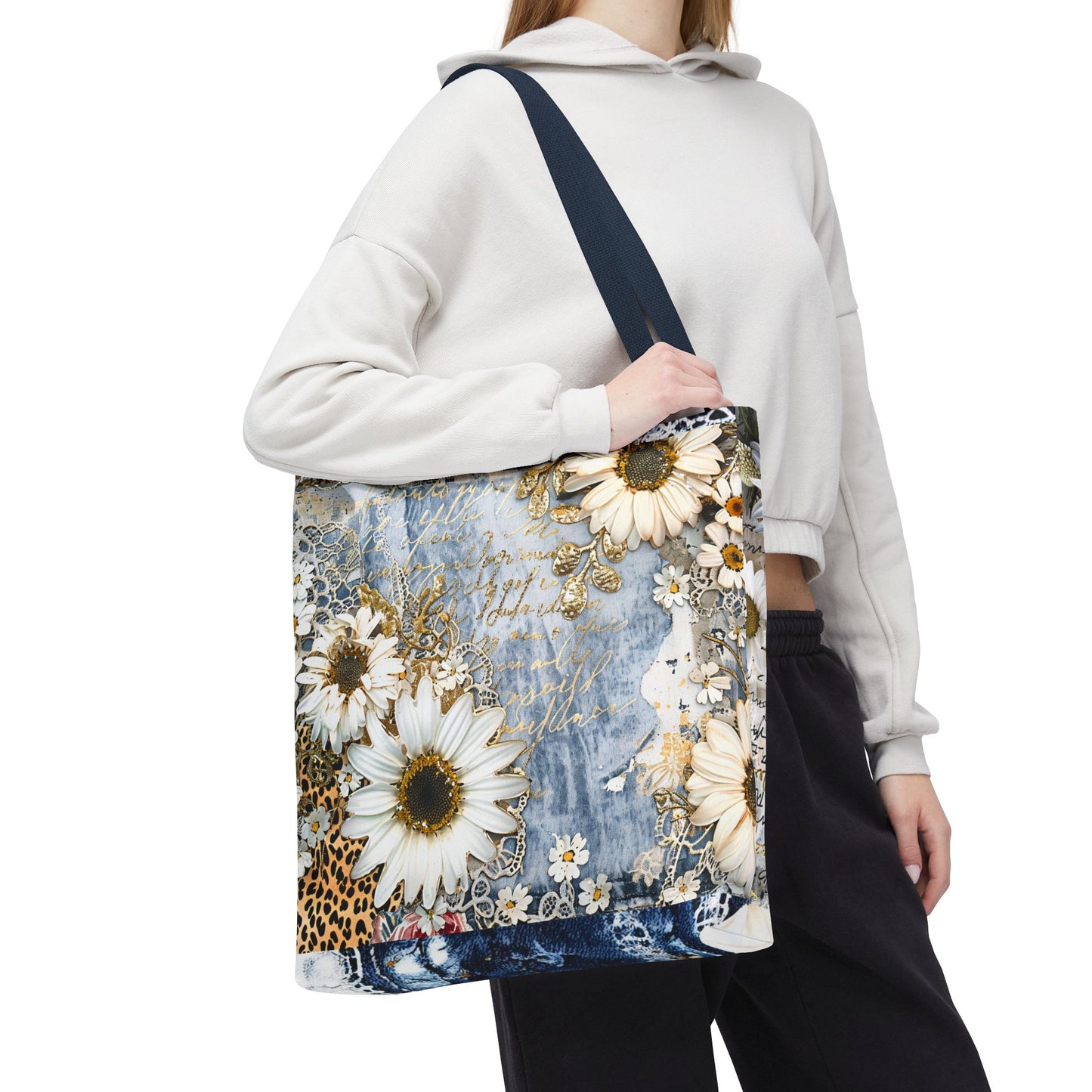 Chic Floral (Daisies and Sunflowers) Tote Bag with Leopard, Denim, and Lace Print - Stylish Everyday Accessory