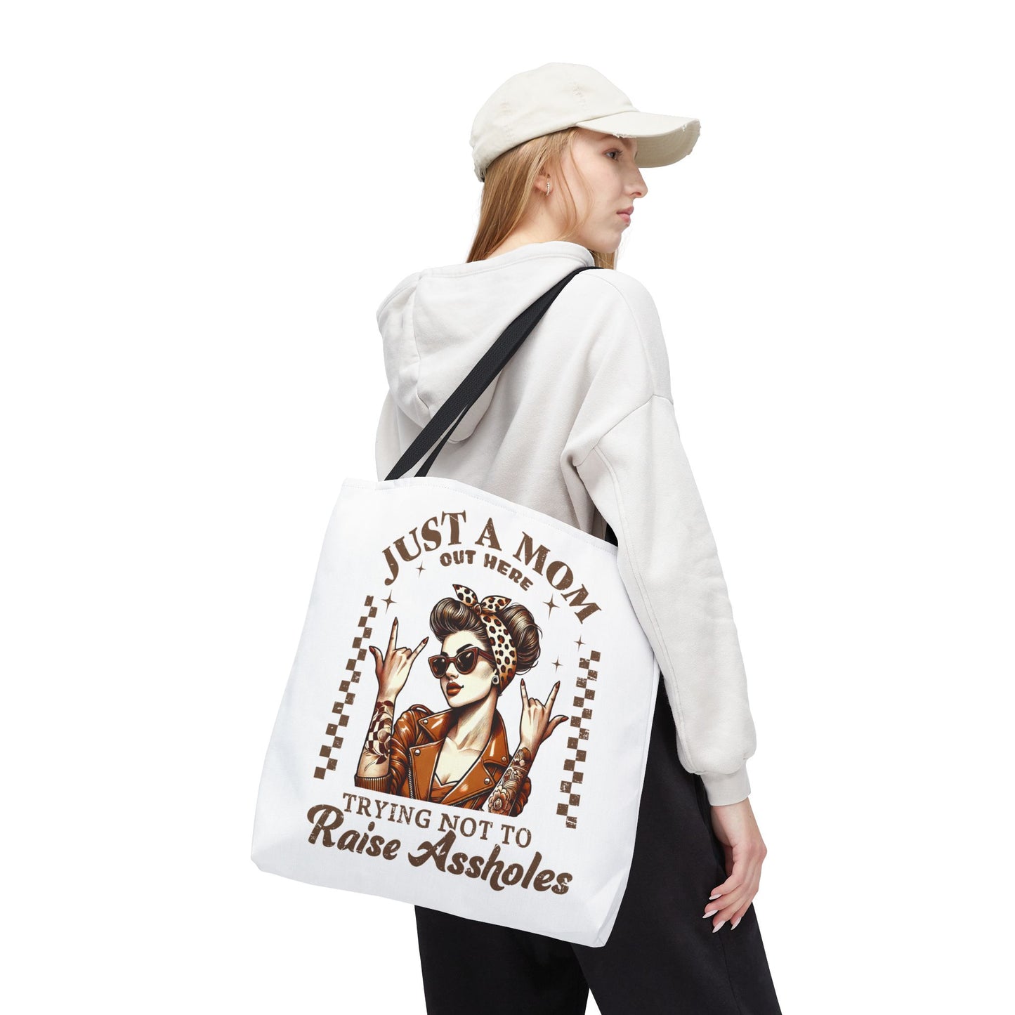 Funny Mom Tote Bag - Just a Mom Trying Not to Raise Assholes - Mother's Day Gift