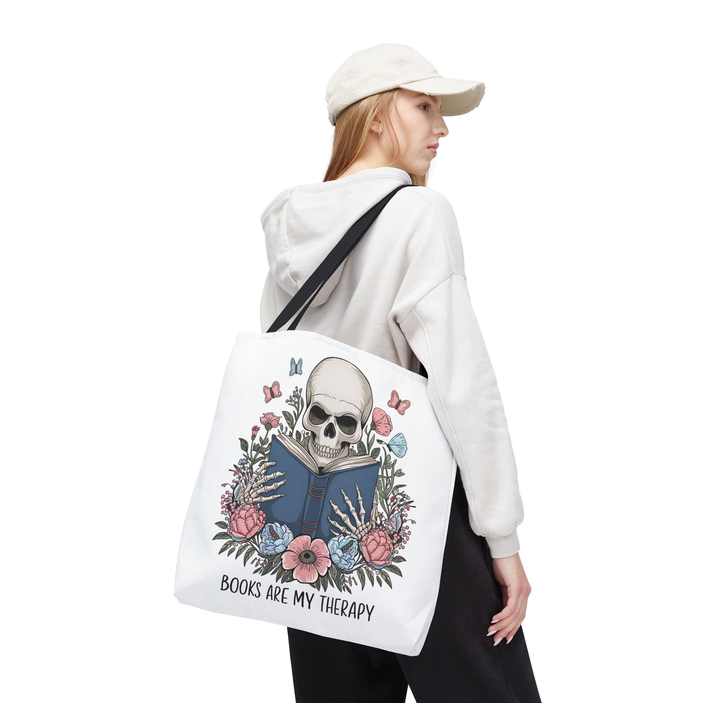 Books Are My Therapy- Skeleton Floral Tote Bag - Perfect Gift for Book Lovers