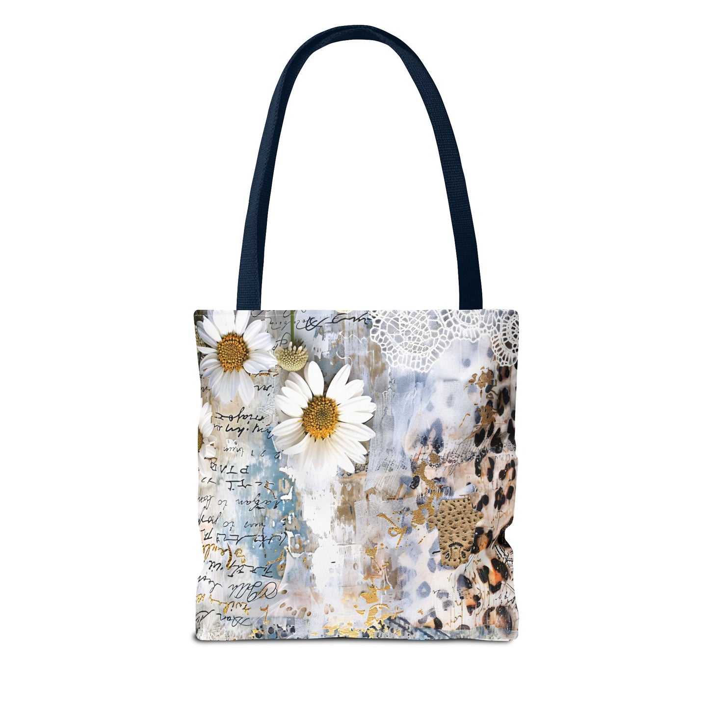 Chic Floral (Daisies and Sunflowers) Tote Bag with Leopard, Denim, and Lace Print - Stylish Everyday Accessory
