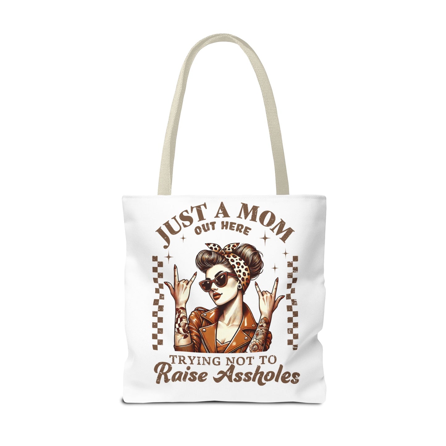 Funny Mom Tote Bag - Just a Mom Trying Not to Raise Assholes - Mother's Day Gift