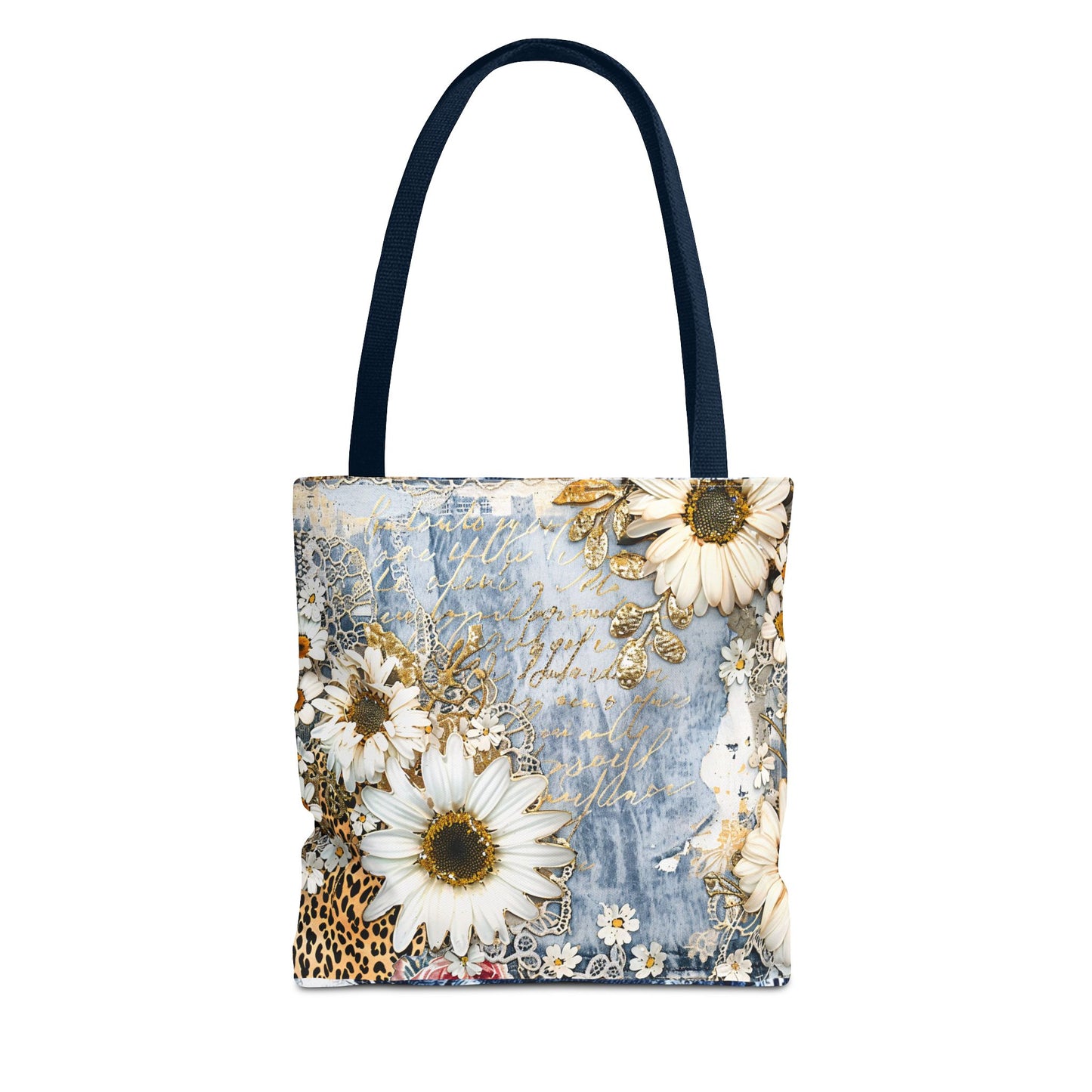 Chic Floral (Daisies and Sunflowers) Tote Bag with Leopard, Denim, and Lace Print - Stylish Everyday Accessory