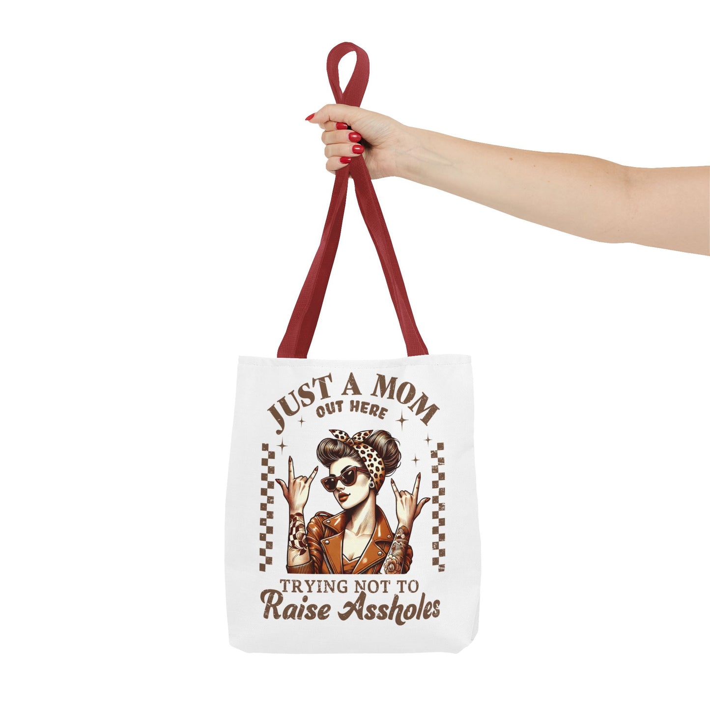 Funny Mom Tote Bag - Just a Mom Trying Not to Raise Assholes - Mother's Day Gift