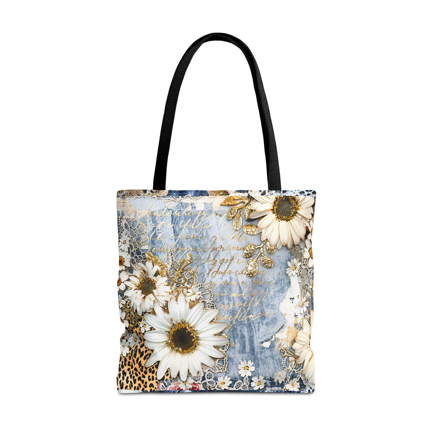 Chic Floral (Daisies and Sunflowers) Tote Bag with Leopard, Denim, and Lace Print - Stylish Everyday Accessory