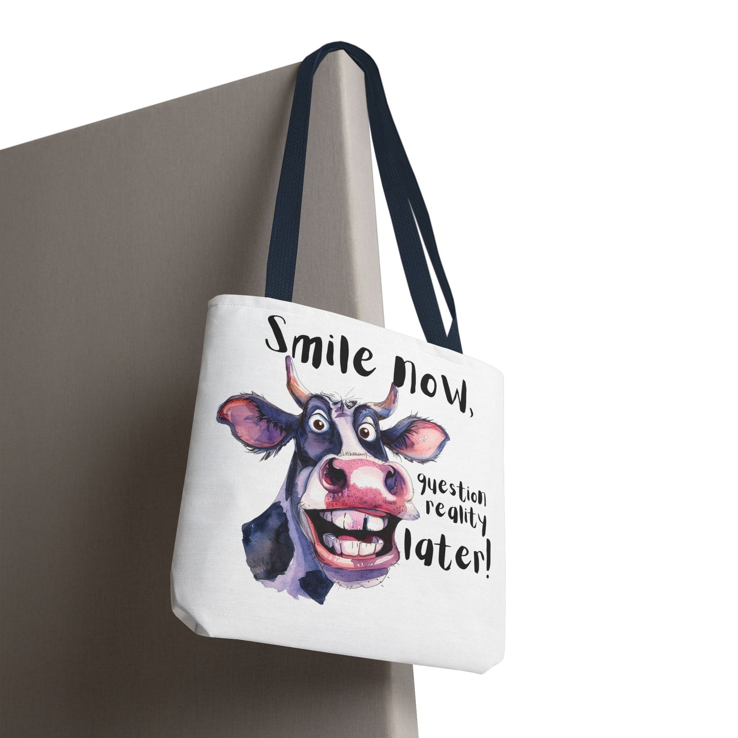 Funny Cow Tote Bag - 'Smile Now, Question Reality Later!' - Great Gift Idea, Mother's Day Gift