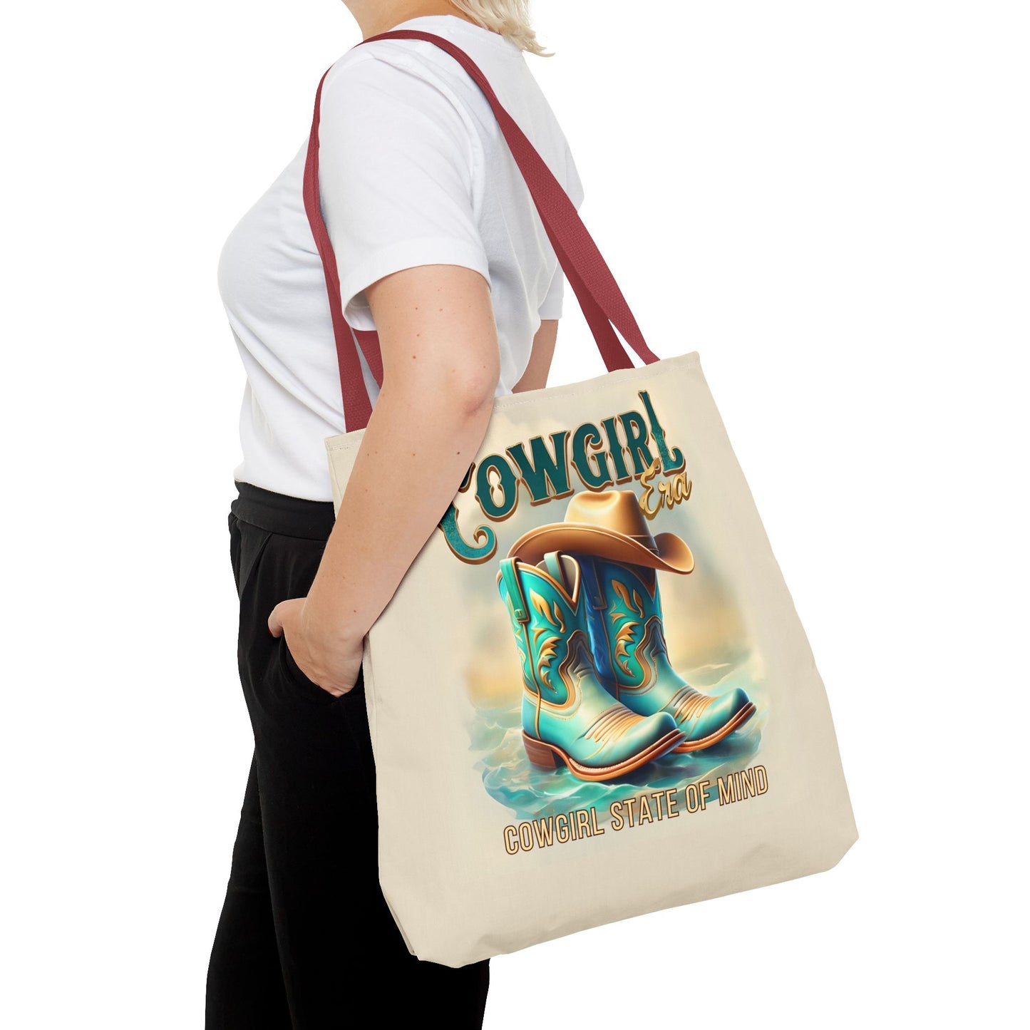 Cowgirl State of Mind Tote Bag – Turquoise and brown cowgirl boots - Cowgirl Era Perfect for Western Lovers and Everyday Use