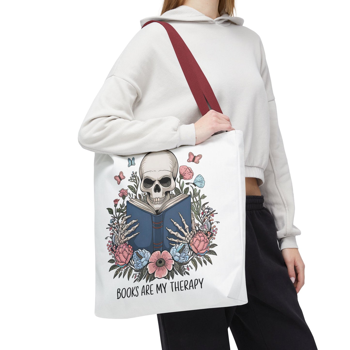 Books Are My Therapy- Skeleton Floral Tote Bag - Perfect Gift for Book Lovers