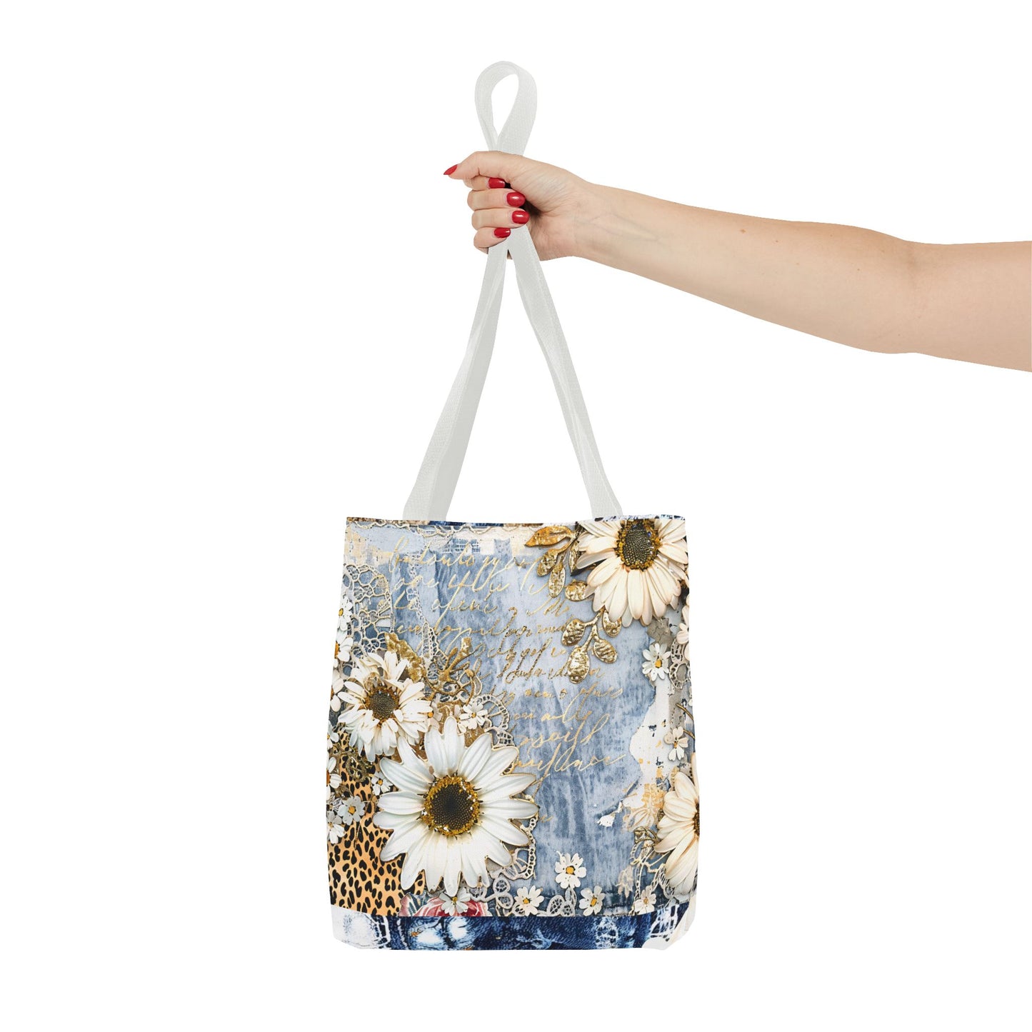 Chic Floral (Daisies and Sunflowers) Tote Bag with Leopard, Denim, and Lace Print - Stylish Everyday Accessory