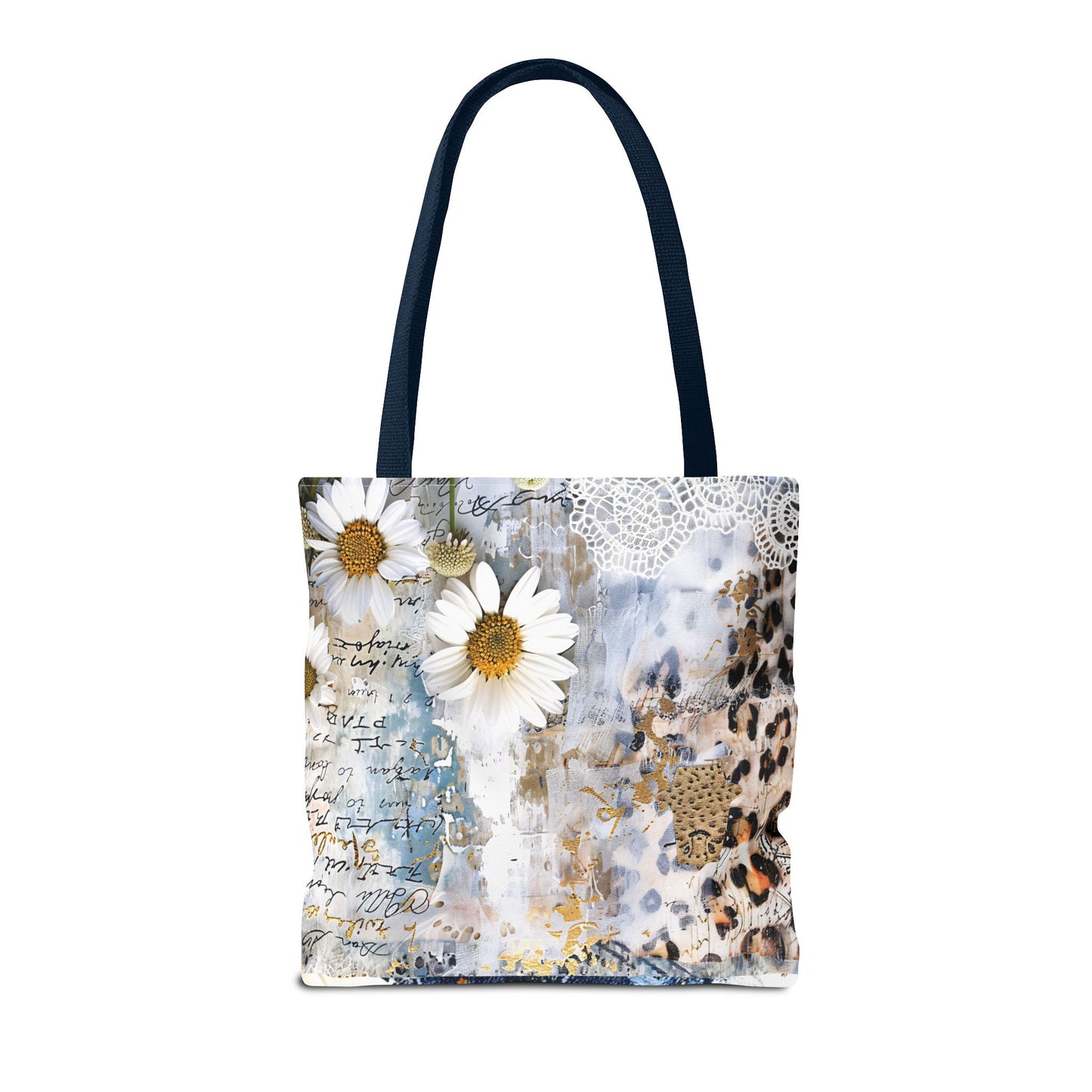 Chic Floral (Daisies and Sunflowers) Tote Bag with Leopard, Denim, and Lace Print - Stylish Everyday Accessory