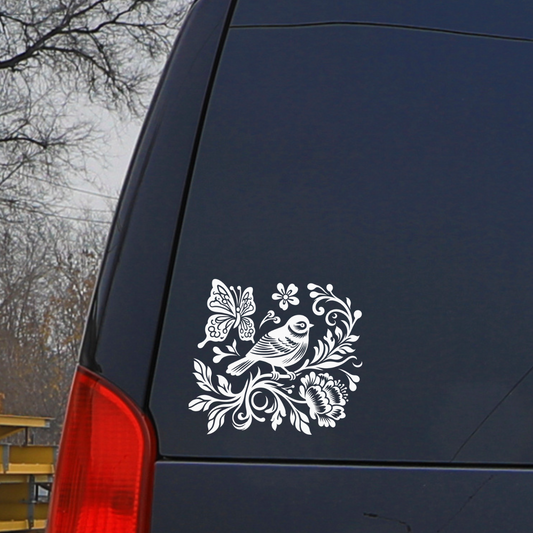Chinoiserie Inspired Bird, Peony, Vines and Butterfly Vinyl Decal – CAR WINDOW, LAPTOP, Elegant Floral Bird Silhouette Design