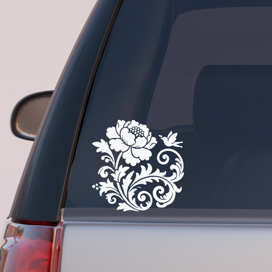 Elegant Chinoiserie Peony & small Bird Vinyl Decal – Timeless Floral Glass Décor, Auto Custom Decal and more