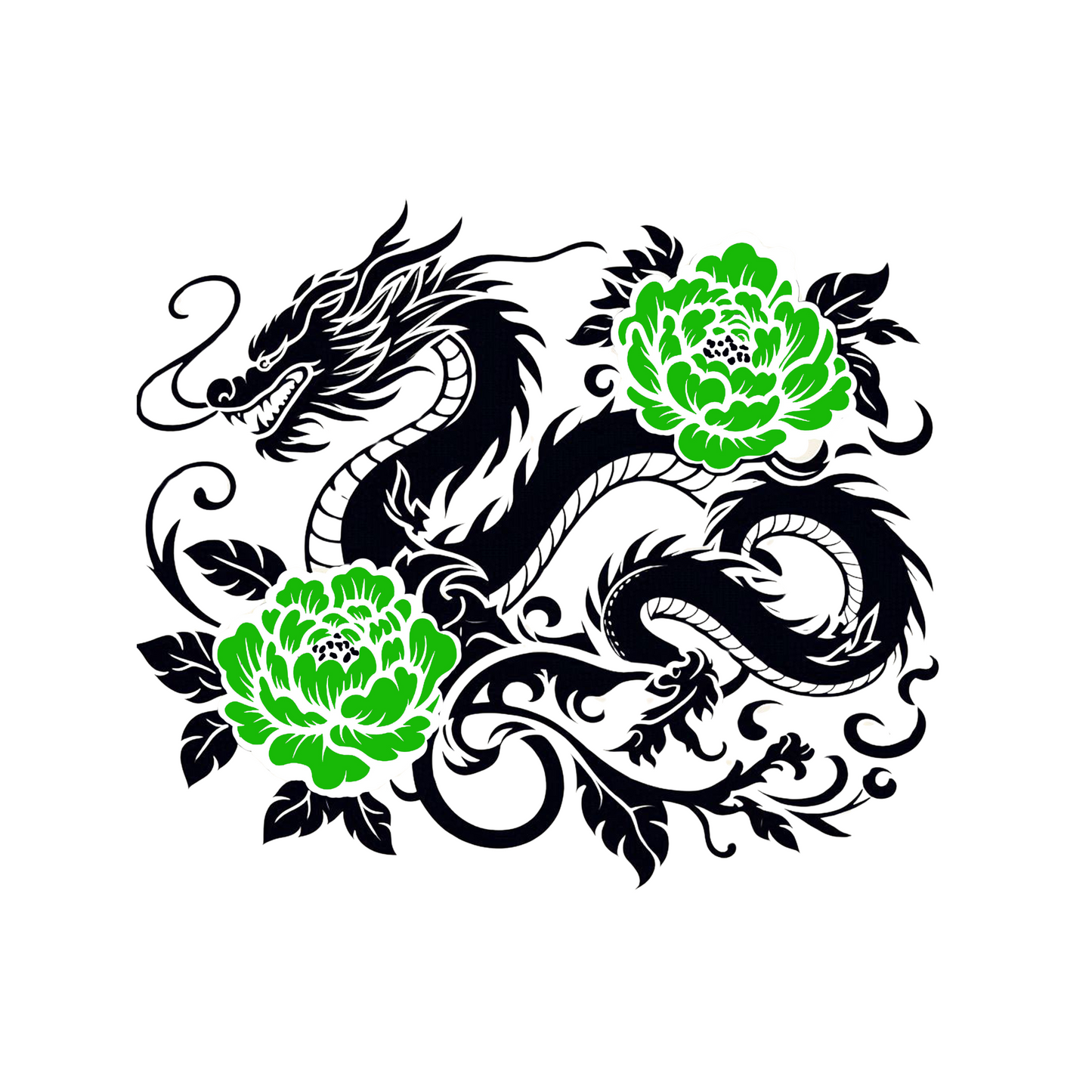 Chinoiserie Dragon intertwined with Vines & Peonies Vinyl Decal – CAR WINDOW, LAPTOP
