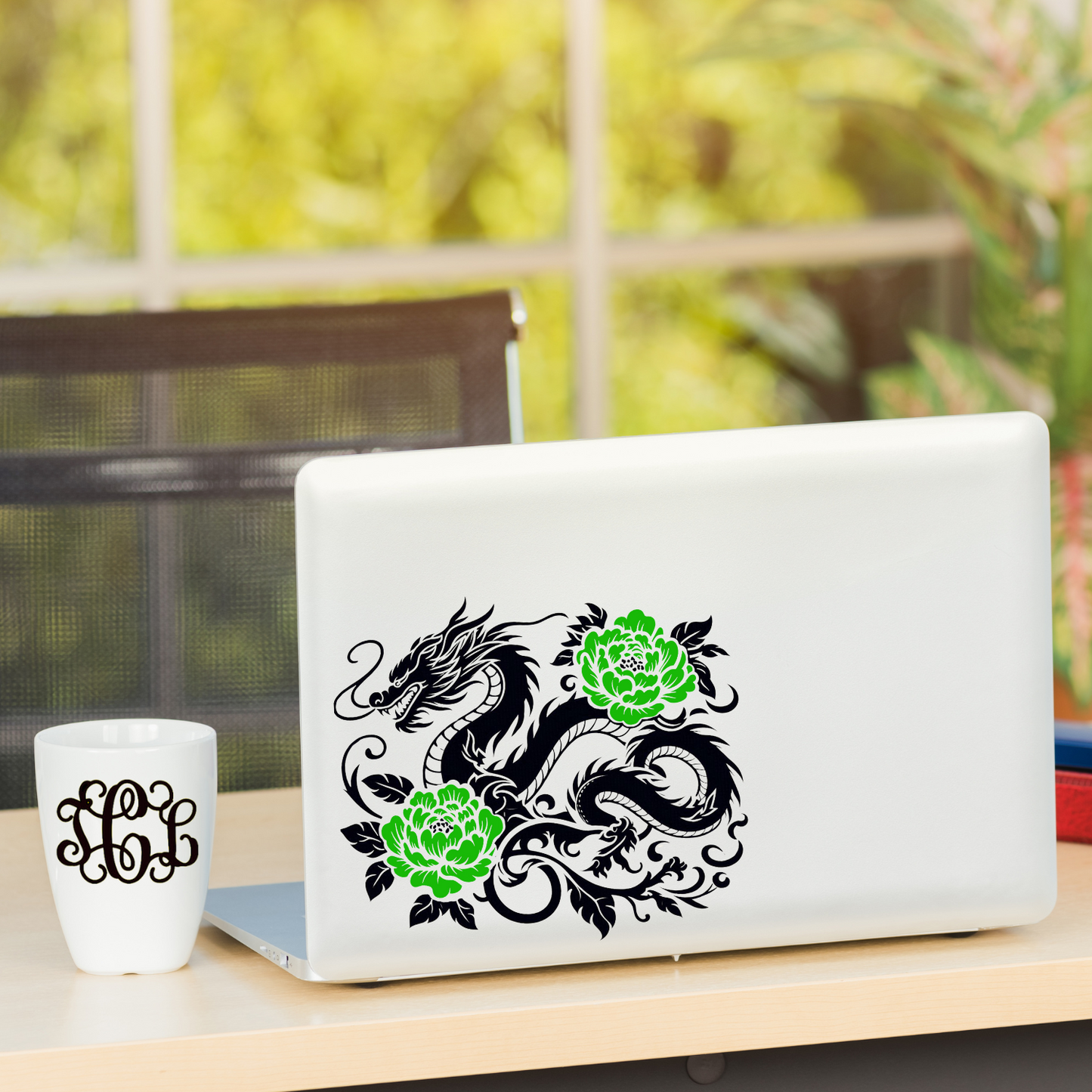 Chinoiserie Dragon intertwined with Vines & Peonies Vinyl Decal – CAR WINDOW, LAPTOP
