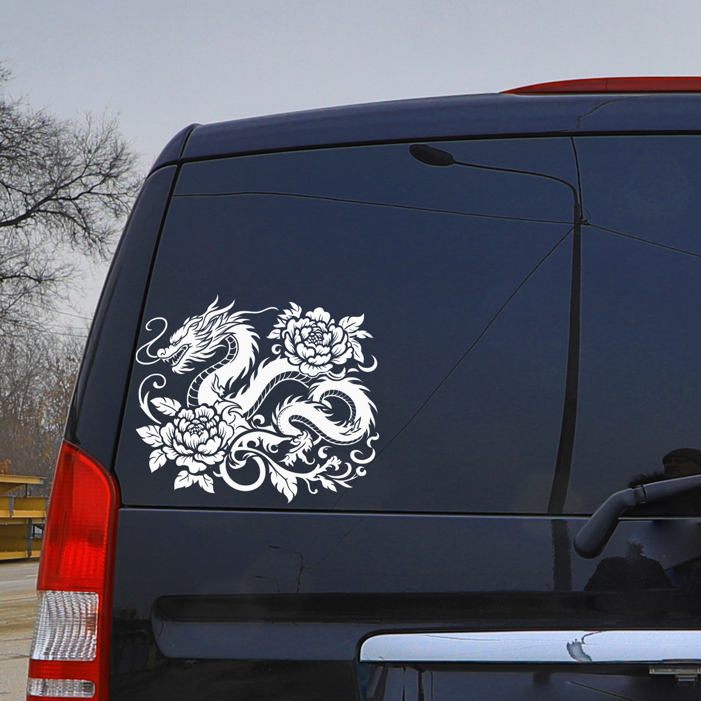 Chinoiserie Dragon intertwined with Vines & Peonies Vinyl Decal – CAR WINDOW, LAPTOP
