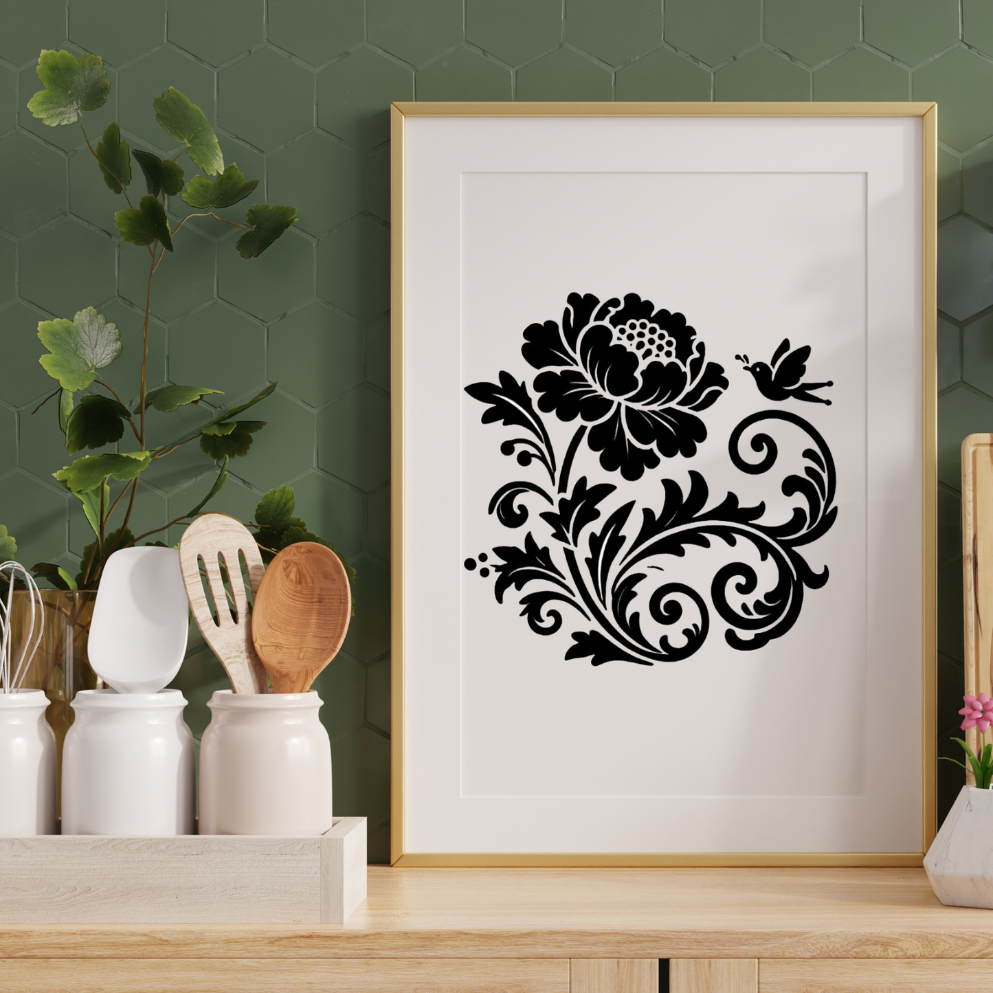 Elegant Chinoiserie Peony & small Bird Vinyl Decal – Timeless Floral Glass Décor, Auto Custom Decal and more